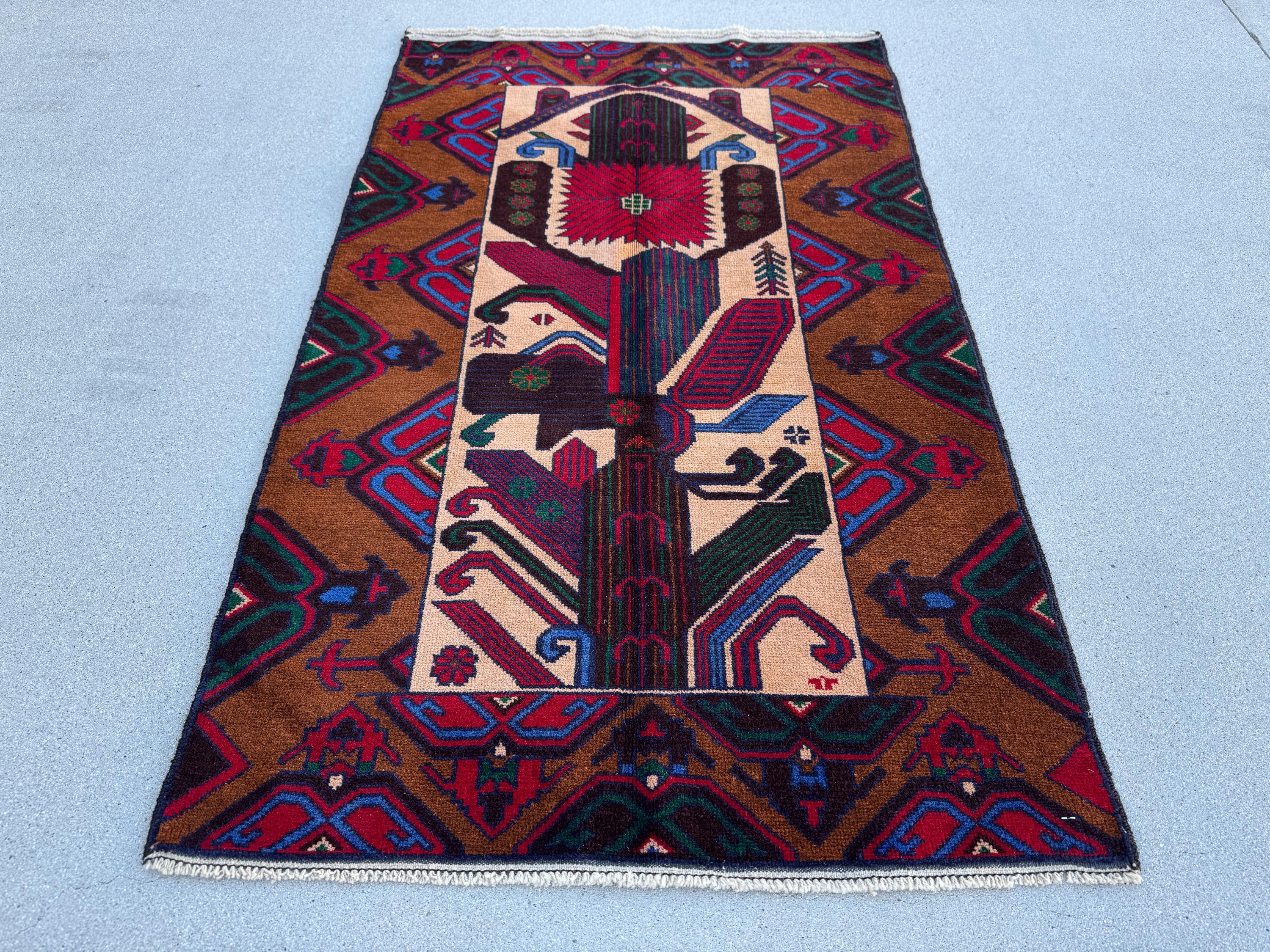 3x5 (91x152) Handmade Vintage Afghan Baluch Rug Caramel Coffee Chocolate Brown Black Crimson Maroon Red Forest Green Denim Navy Blue Cream