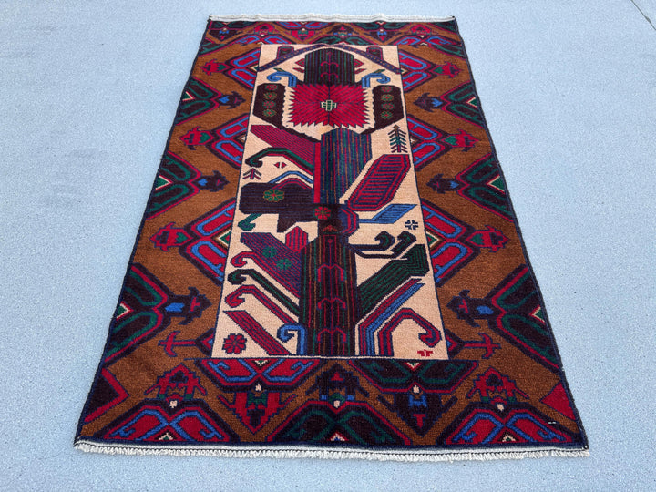 3x5 (91x152) Handmade Vintage Afghan Baluch Rug Caramel Coffee Chocolate Brown Black Crimson Maroon Red Forest Green Denim Navy Blue Cream