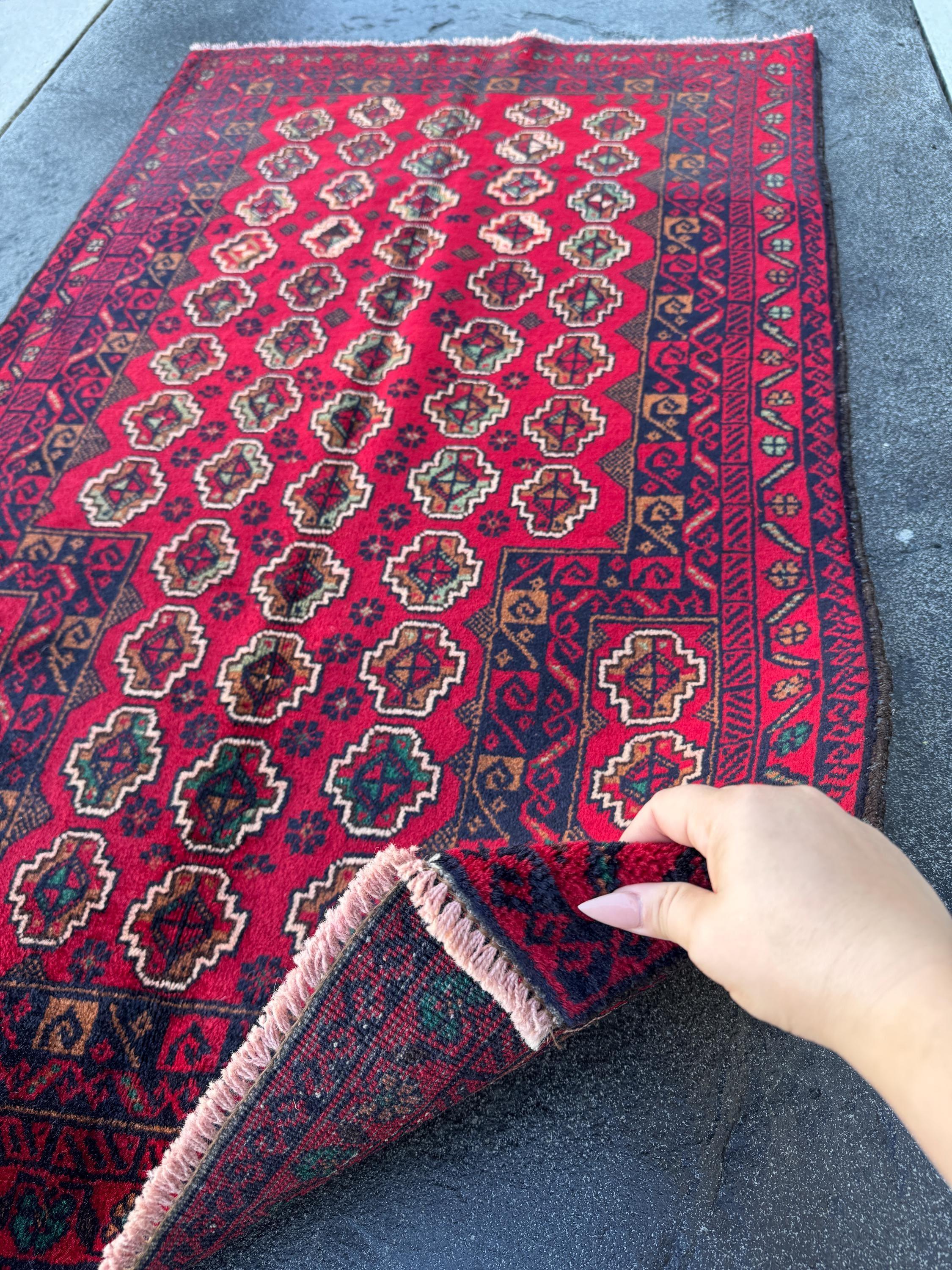 3x5 (91x152) Handmade Vintage Afghan Baluch Rug | Crimson Blood Burgundy Red Midnight Blue Cream White Caramel Brown Forest Mint Green Wool