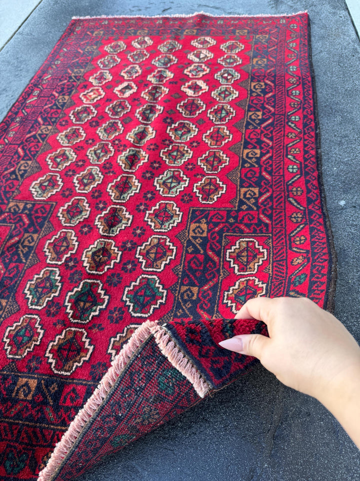 3x5 (91x152) Handmade Vintage Afghan Baluch Rug | Crimson Blood Burgundy Red Midnight Blue Cream White Caramel Brown Forest Mint Green Wool