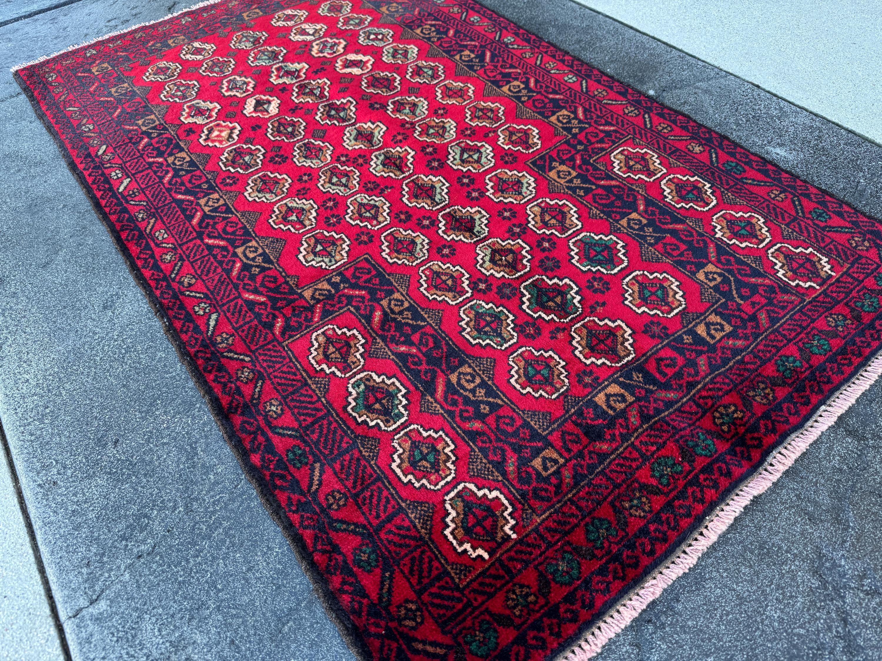 3x5 (91x152) Handmade Vintage Afghan Baluch Rug | Crimson Blood Burgundy Red Midnight Blue Cream White Caramel Brown Forest Mint Green Wool