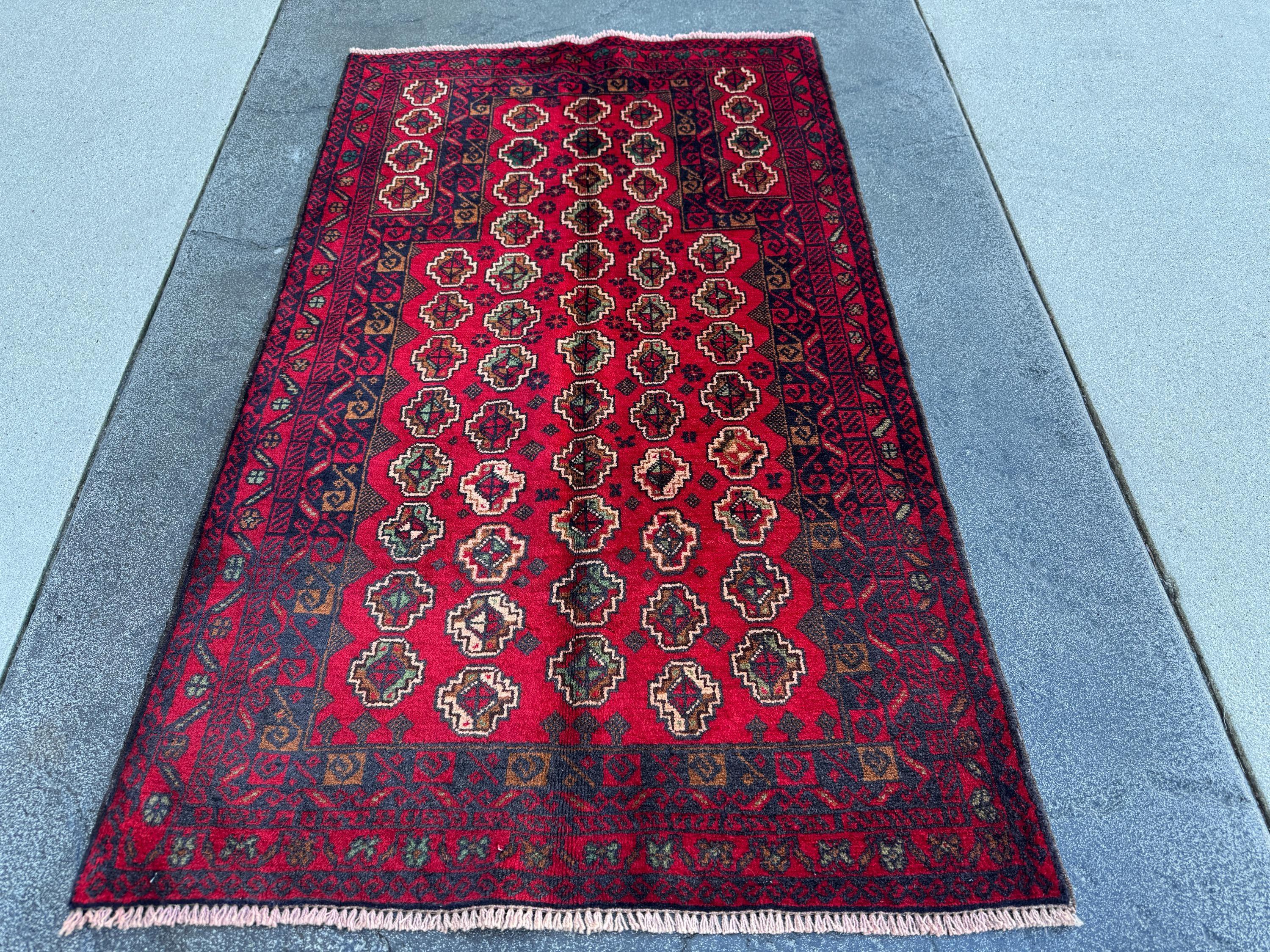 3x5 (91x152) Handmade Vintage Afghan Baluch Rug | Crimson Blood Burgundy Red Midnight Blue Cream White Caramel Brown Forest Mint Green Wool