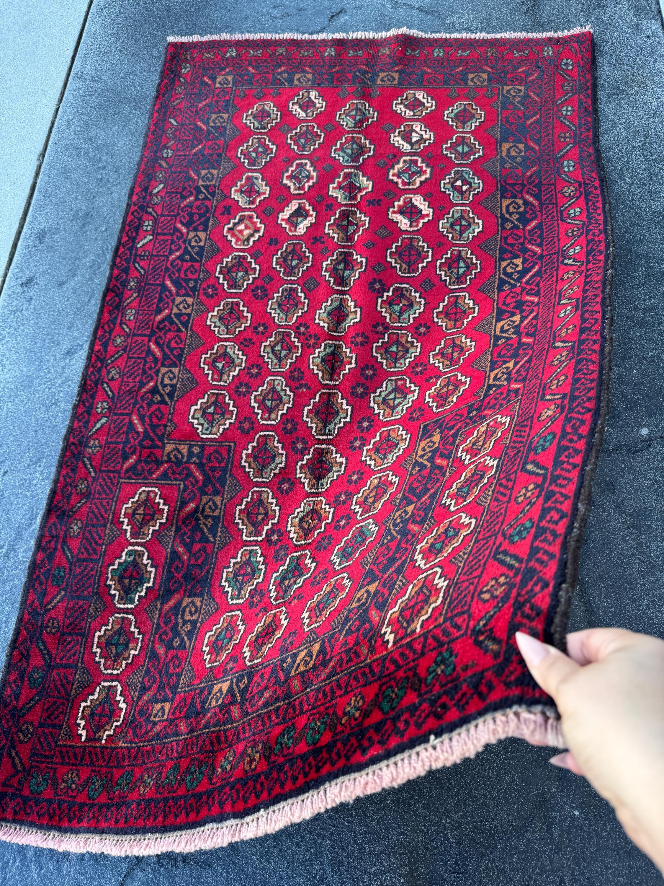 3x5 (91x152) Handmade Vintage Afghan Baluch Rug | Crimson Blood Burgundy Red Midnight Blue Cream White Caramel Brown Forest Mint Green Wool