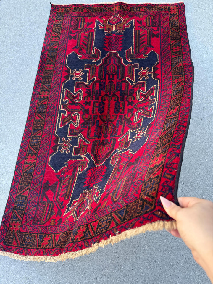 3x5 (91x152) Handmade Vintage Afghan Baluch Rug | Crimson Scarlet Maroon Burgundy Red Caramel Brown Navy Blue White Cream Black | Wool