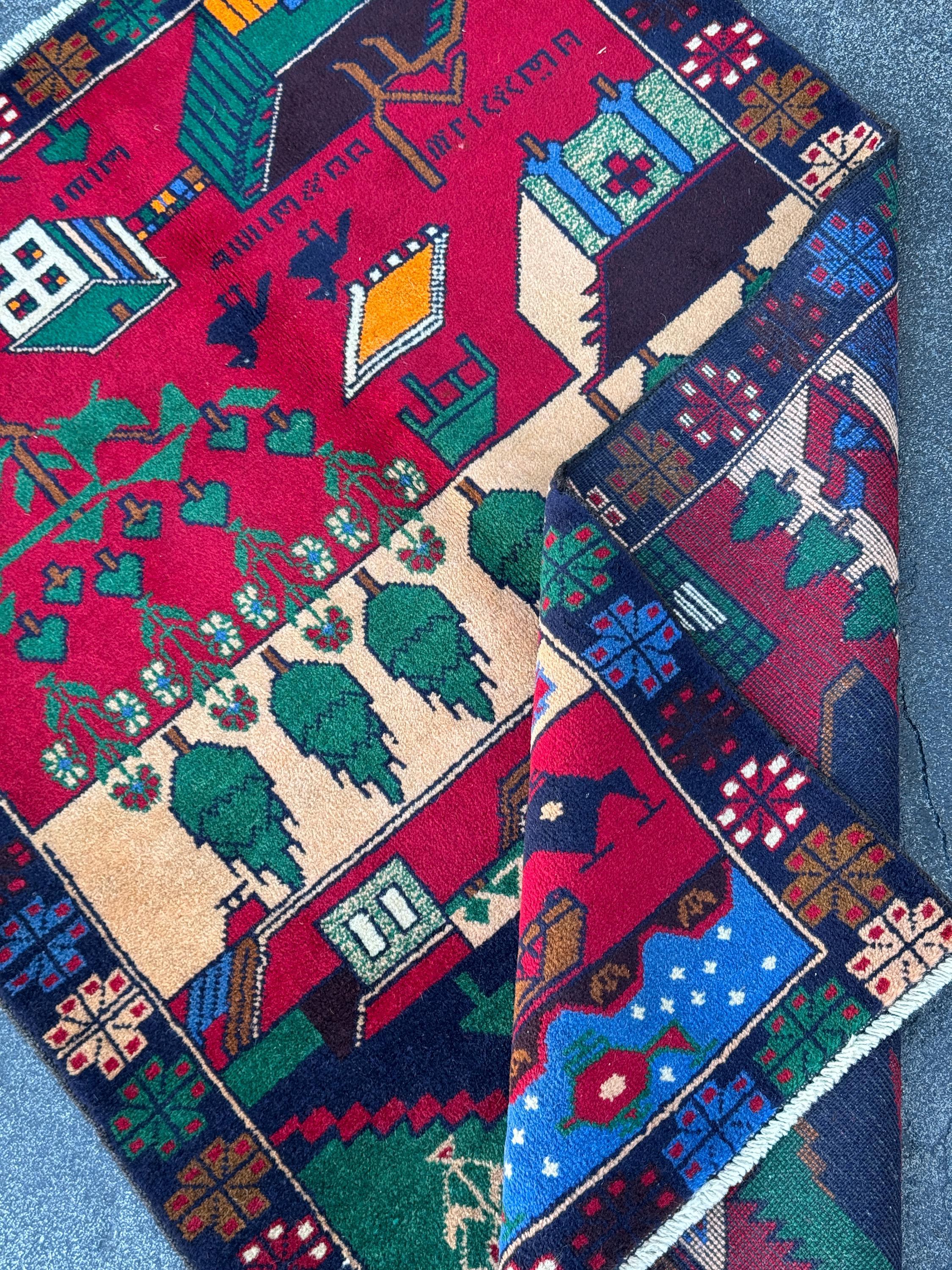 3x5 (91x152) Handmade Vintage Afghan Baluch Rug | Crimson Scarlet Maroon Red Denim Midnight Blue Black Orange Forest Green Cream White Brown