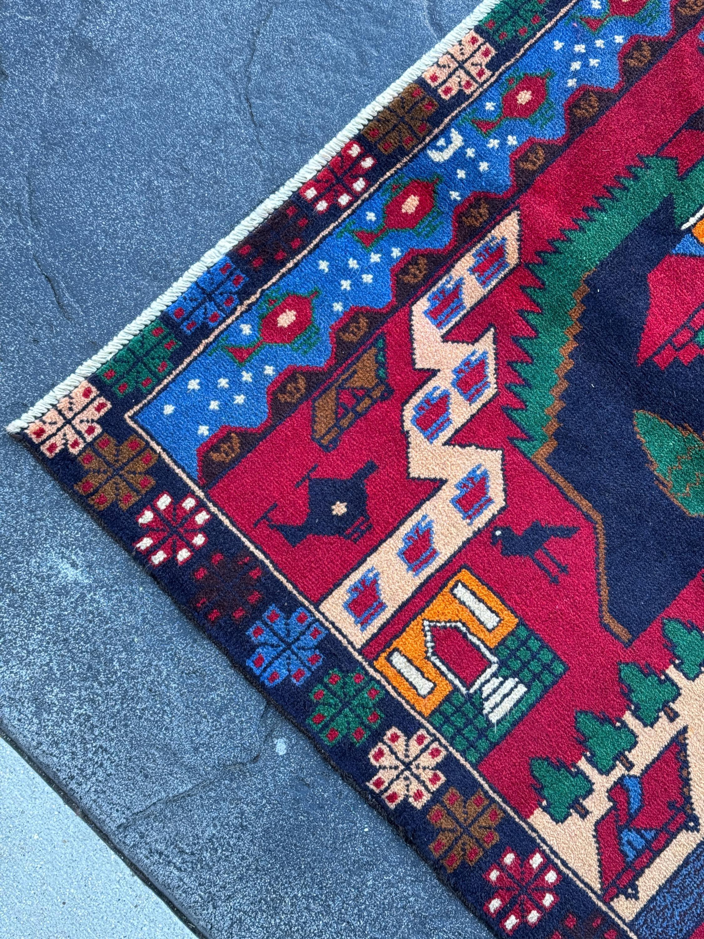 3x5 (91x152) Handmade Vintage Afghan Baluch Rug | Crimson Scarlet Maroon Red Denim Midnight Blue Black Orange Forest Green Cream White Brown
