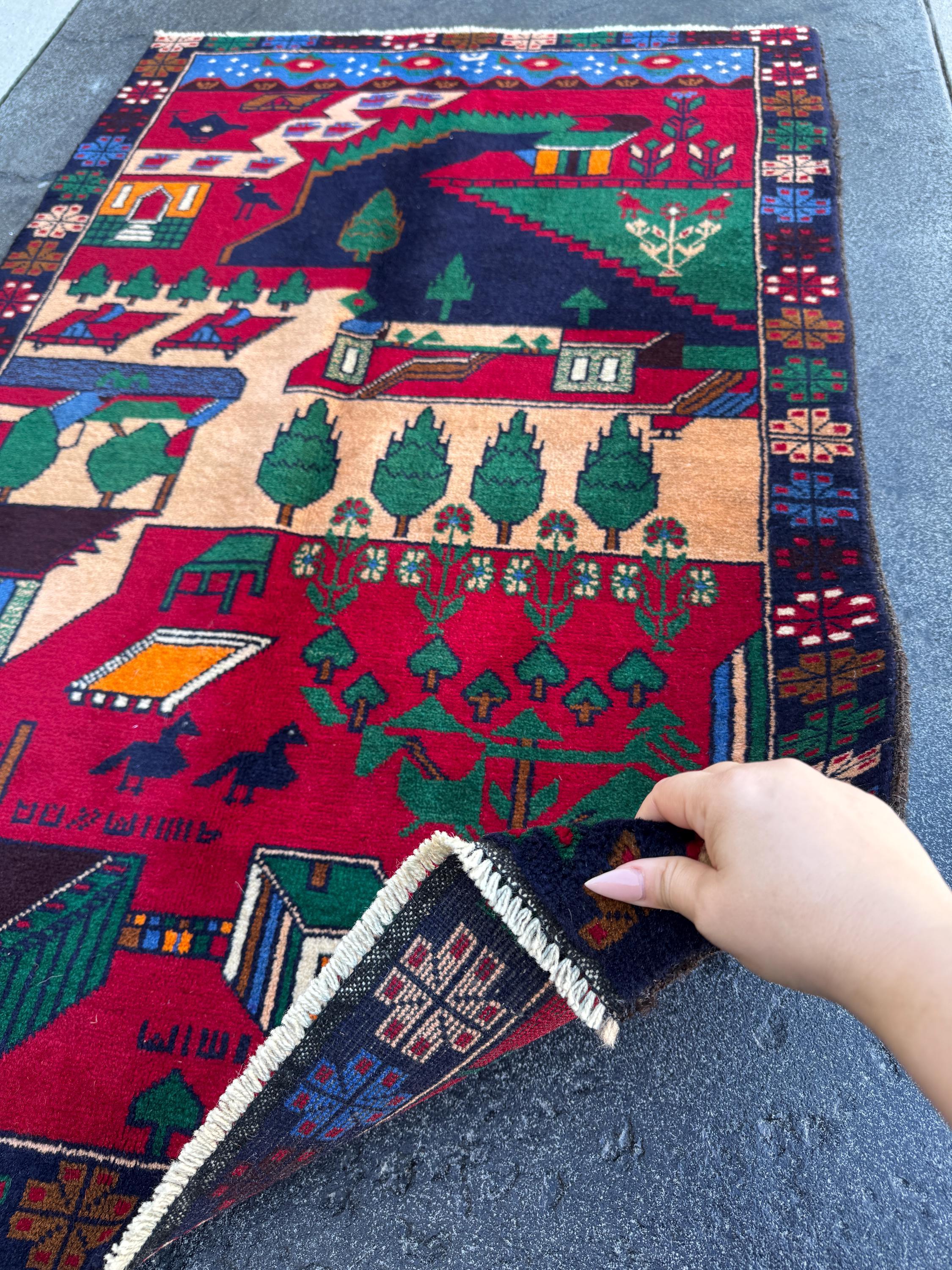 3x5 (91x152) Handmade Vintage Afghan Baluch Rug | Crimson Scarlet Maroon Red Denim Midnight Blue Black Orange Forest Green Cream White Brown