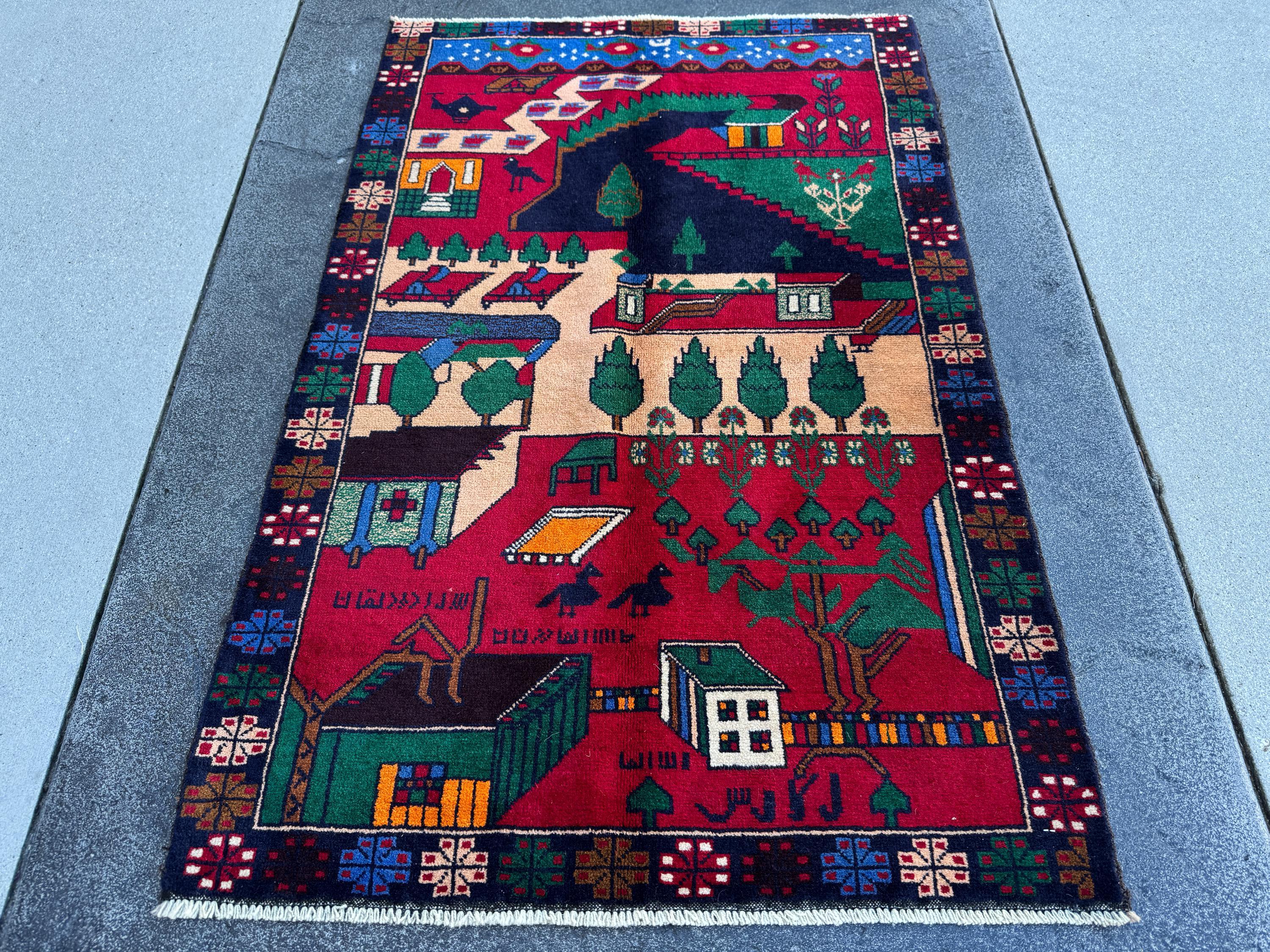 3x5 (91x152) Handmade Vintage Afghan Baluch Rug | Crimson Scarlet Maroon Red Denim Midnight Blue Black Orange Forest Green Cream White Brown