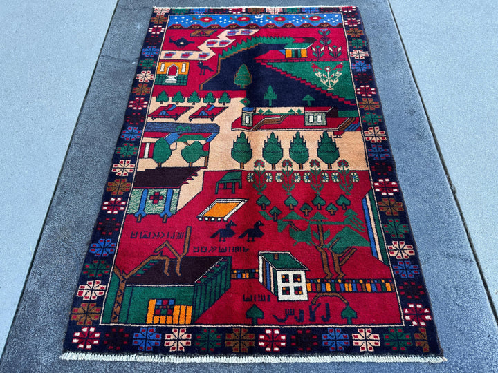 3x5 (91x152) Handmade Vintage Afghan Baluch Rug | Crimson Scarlet Maroon Red Denim Midnight Blue Black Orange Forest Green Cream White Brown
