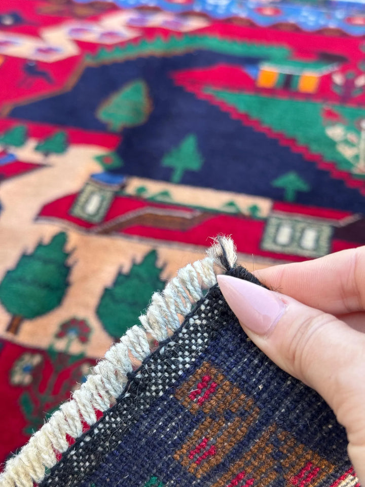 3x5 (91x152) Handmade Vintage Afghan Baluch Rug | Crimson Scarlet Maroon Red Denim Midnight Blue Black Orange Forest Green Cream White Brown