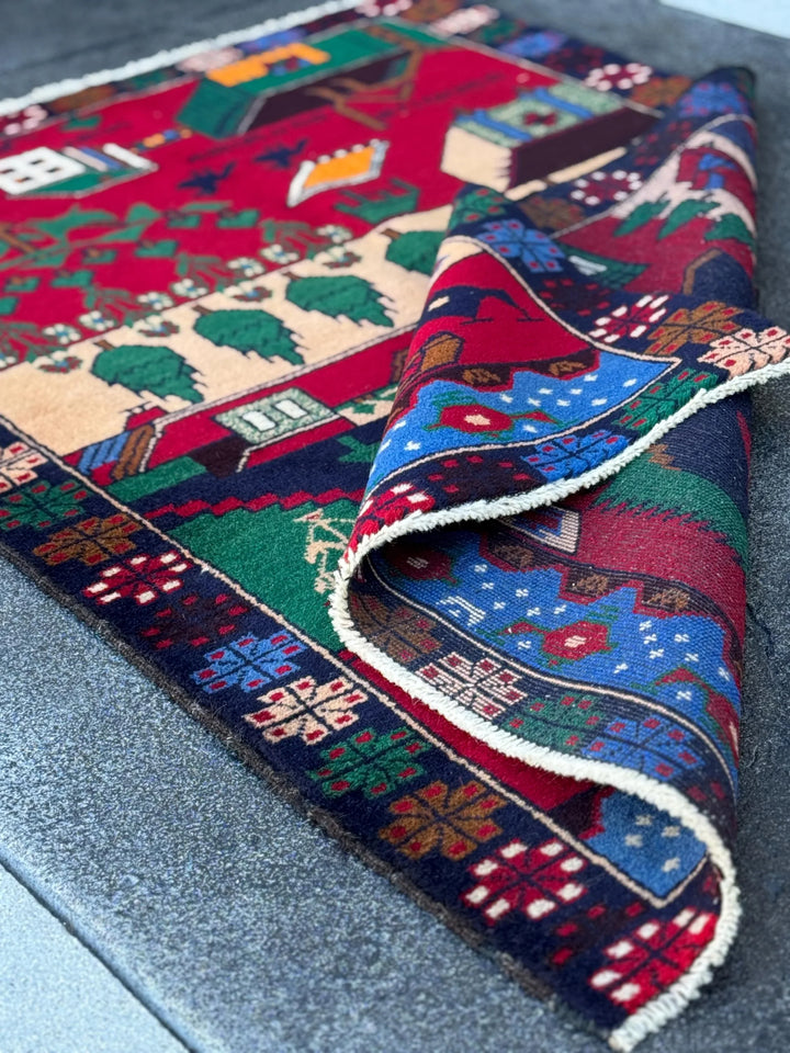 3x5 (91x152) Handmade Vintage Afghan Baluch Rug | Crimson Scarlet Maroon Red Denim Midnight Blue Black Orange Forest Green Cream White Brown