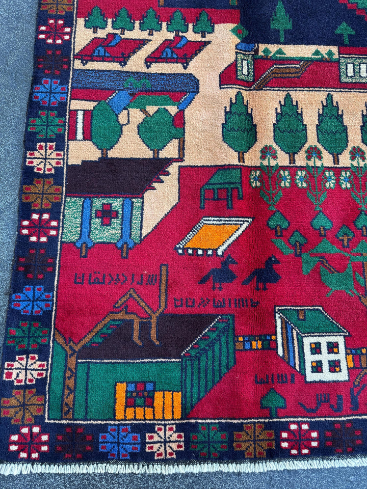 3x5 (91x152) Handmade Vintage Afghan Baluch Rug | Crimson Scarlet Maroon Red Denim Midnight Blue Black Orange Forest Green Cream White Brown
