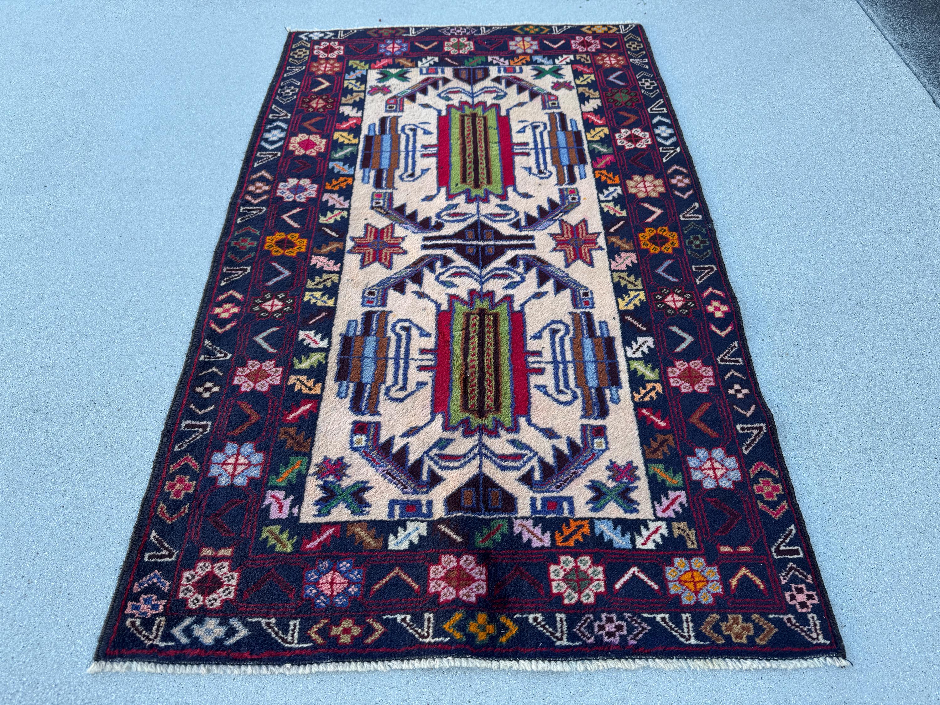 3x5 (91x152) Handmade Vintage Afghan Baluch Rug | Midnight Navy Sky Denim Blue Cream Blood Crimson Red Black Pine Forest Green Orange Brown