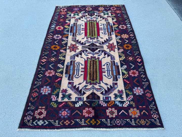 3x5 (91x152) Handmade Vintage Afghan Baluch Rug | Midnight Navy Sky Denim Blue Cream Blood Crimson Red Black Pine Forest Green Orange Brown