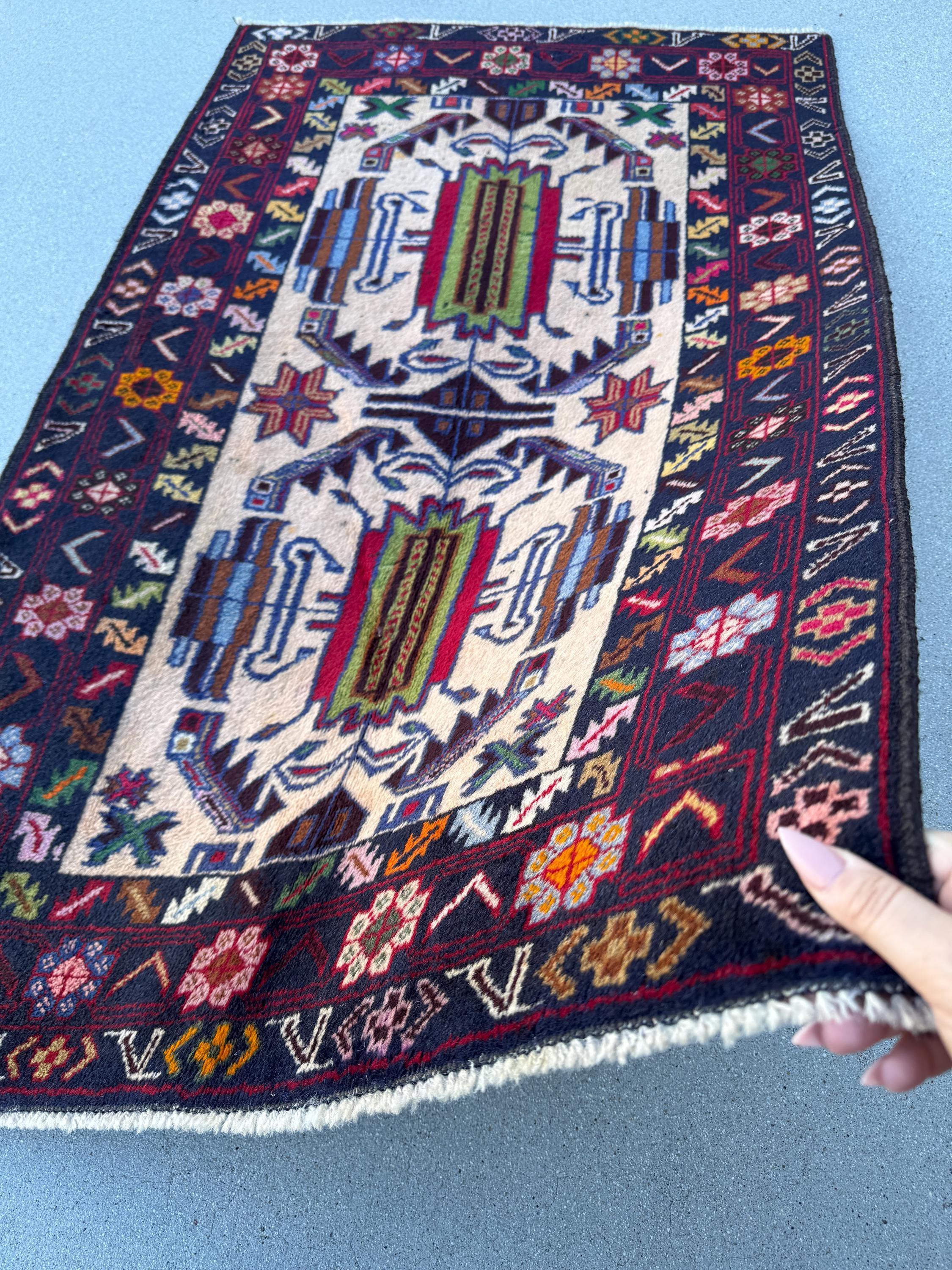 3x5 (91x152) Handmade Vintage Afghan Baluch Rug | Midnight Navy Sky Denim Blue Cream Blood Crimson Red Black Pine Forest Green Orange Brown
