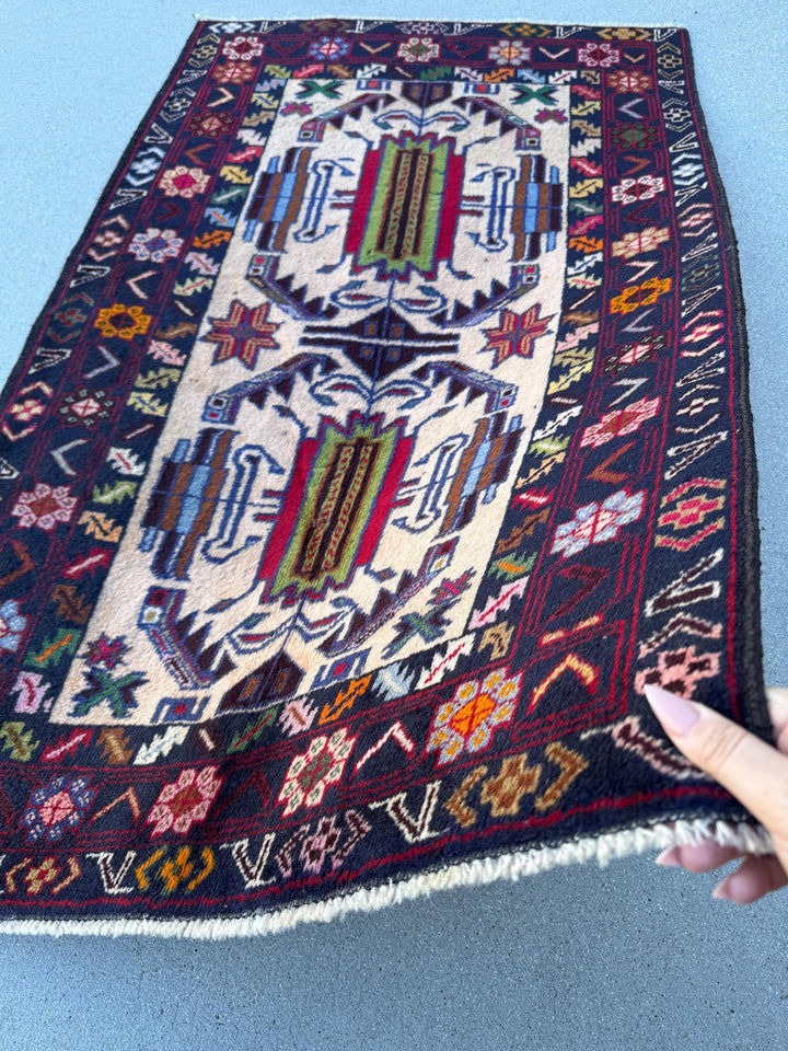 3x5 (91x152) Handmade Vintage Afghan Baluch Rug | Midnight Navy Sky Denim Blue Cream Blood Crimson Red Black Pine Forest Green Orange Brown