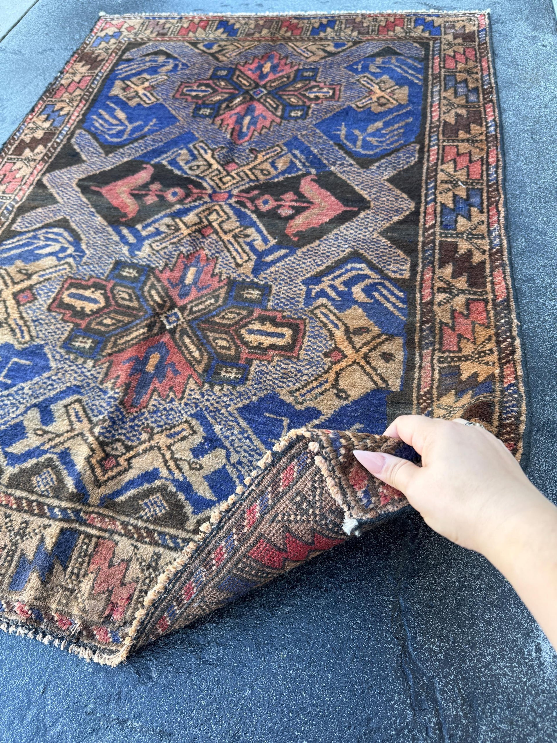 3x4 (91x121) Handmade Vintage Afghan Baluch Rug | Royal Blue Cream Tan Black Rust Rose Pink Gold Chocolate Brown | Wool Traditional