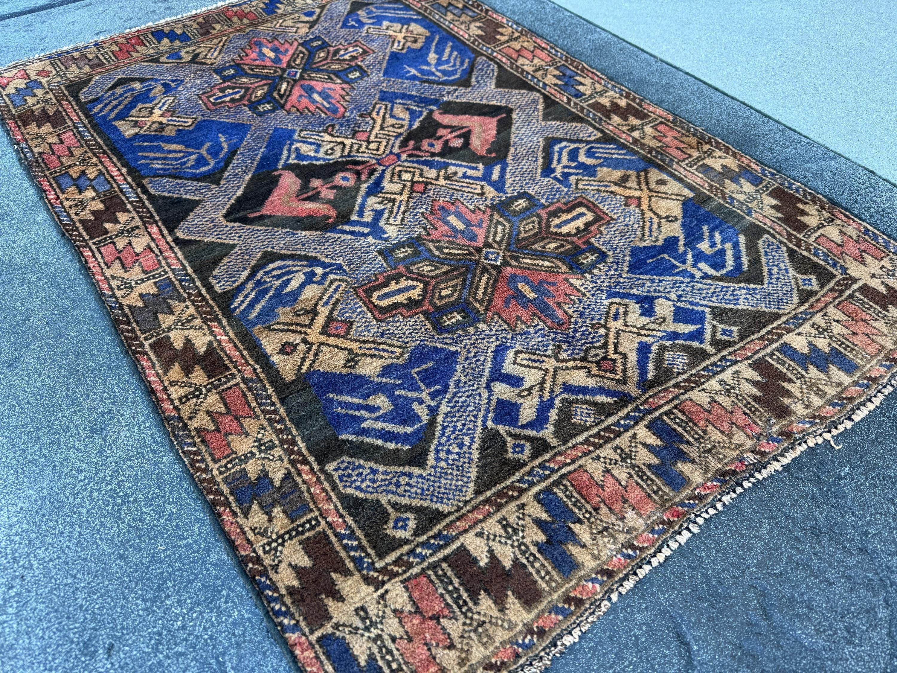3x4 (91x121) Handmade Vintage Afghan Baluch Rug | Royal Blue Cream Tan Black Rust Rose Pink Gold Chocolate Brown | Wool Traditional