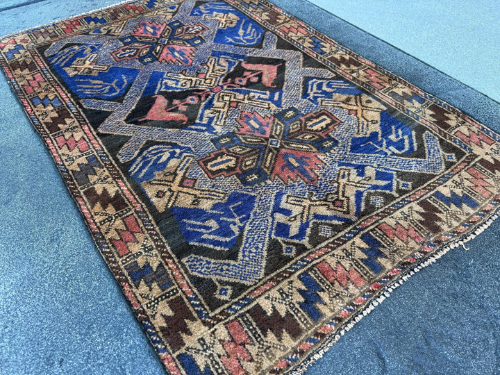 3x4 (91x121) Handmade Vintage Afghan Baluch Rug | Royal Blue Cream Tan Black Rust Rose Pink Gold Chocolate Brown | Wool Traditional
