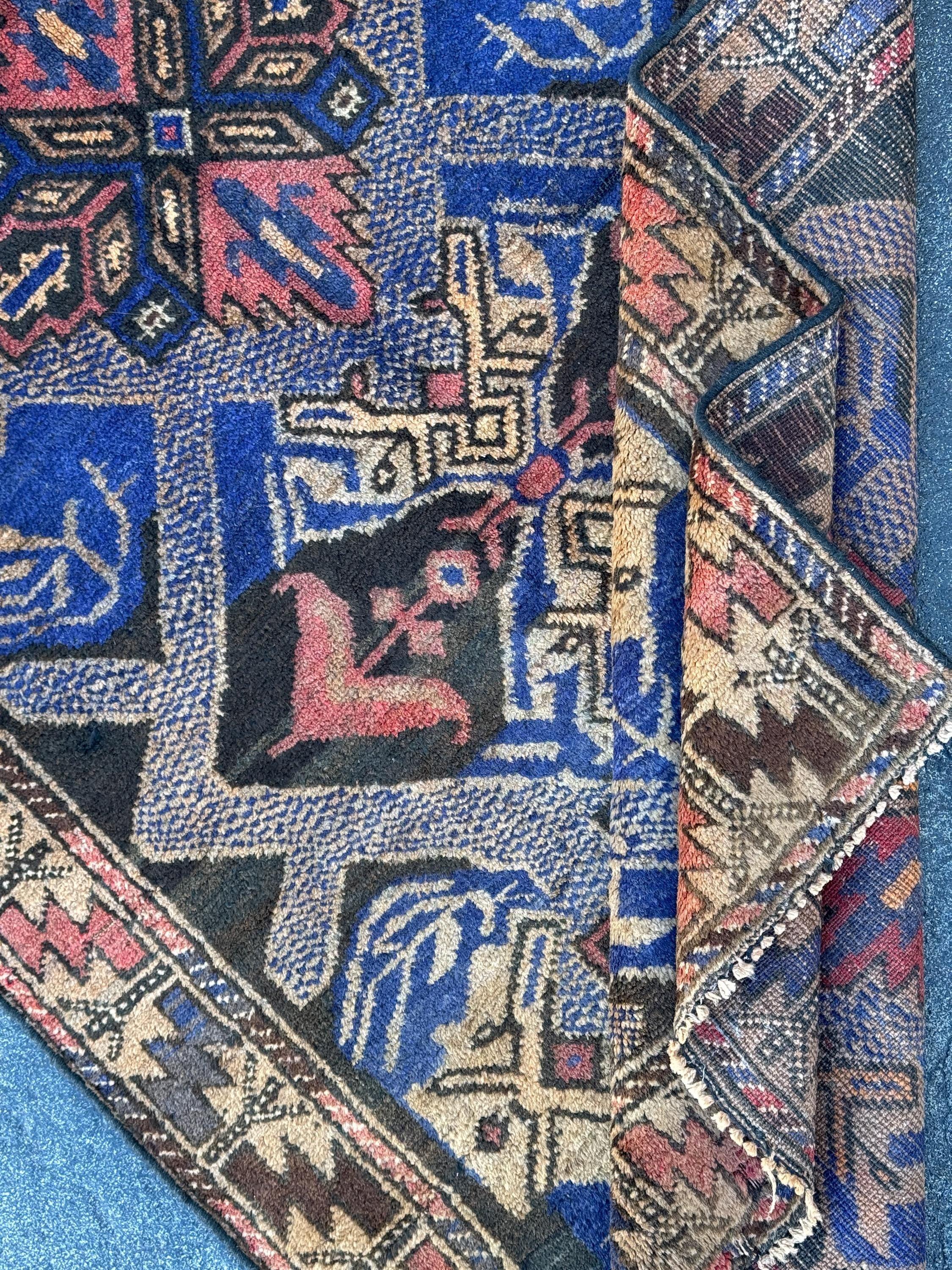 3x4 (91x121) Handmade Vintage Afghan Baluch Rug | Royal Blue Cream Tan Black Rust Rose Pink Gold Chocolate Brown | Wool Traditional