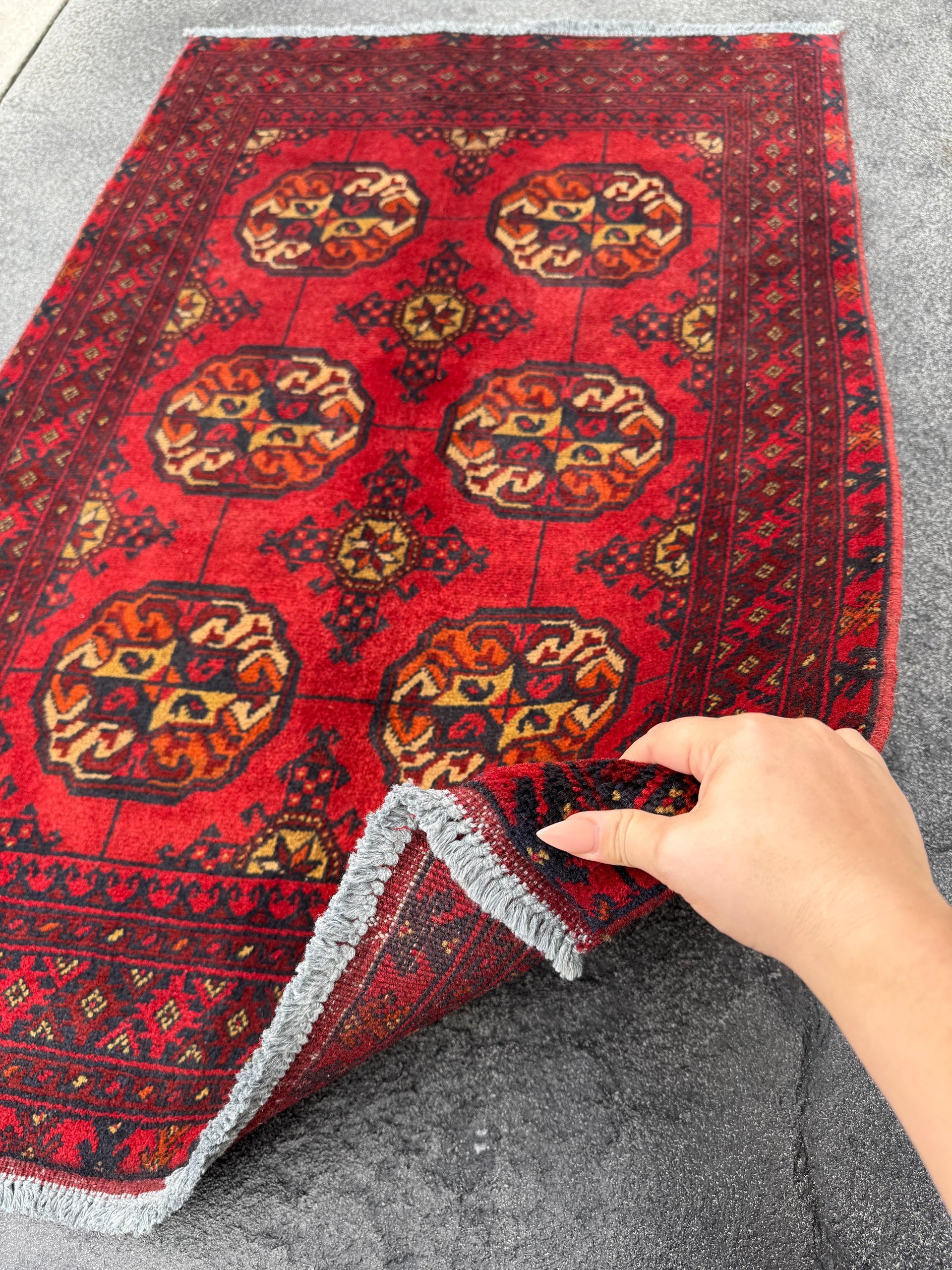 3x4 (91x121) Handmade Vintage Afghan Rug | Crimson Brick Auburn Red Cream Orange Yellow Black | Wool Turkmen Gul Geometric