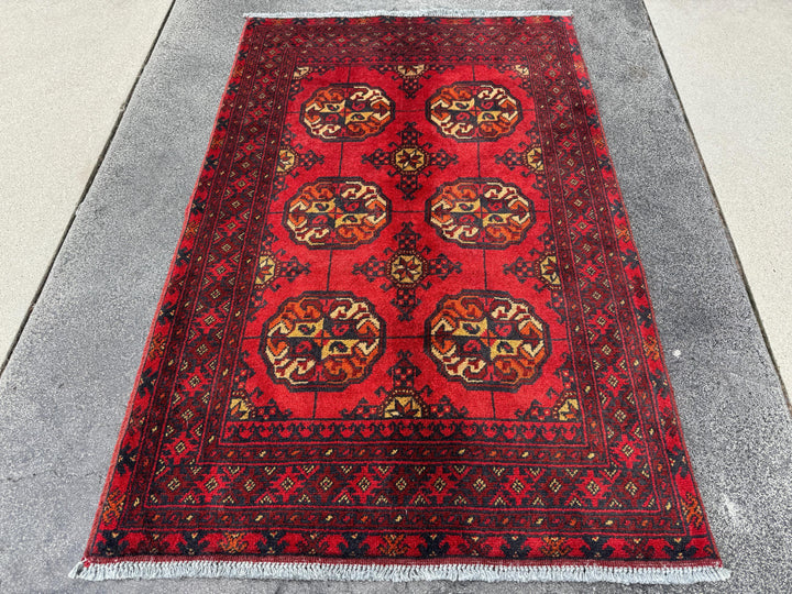 3x4 (91x121) Handmade Vintage Afghan Rug | Crimson Brick Auburn Red Cream Orange Yellow Black | Wool Turkmen Gul Geometric