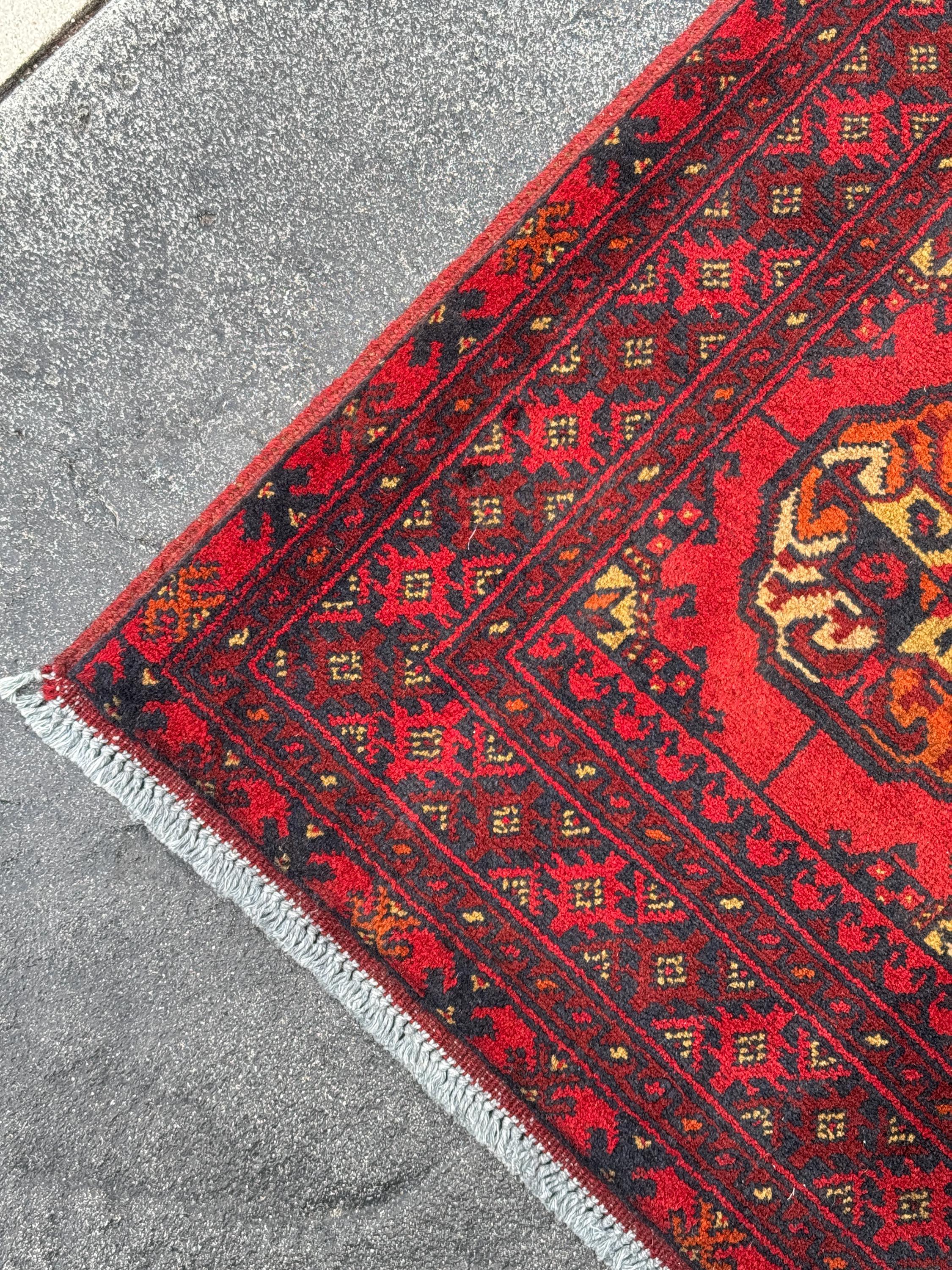 3x4 (91x121) Handmade Vintage Afghan Rug | Crimson Brick Auburn Red Cream Orange Yellow Black | Wool Turkmen Gul Geometric