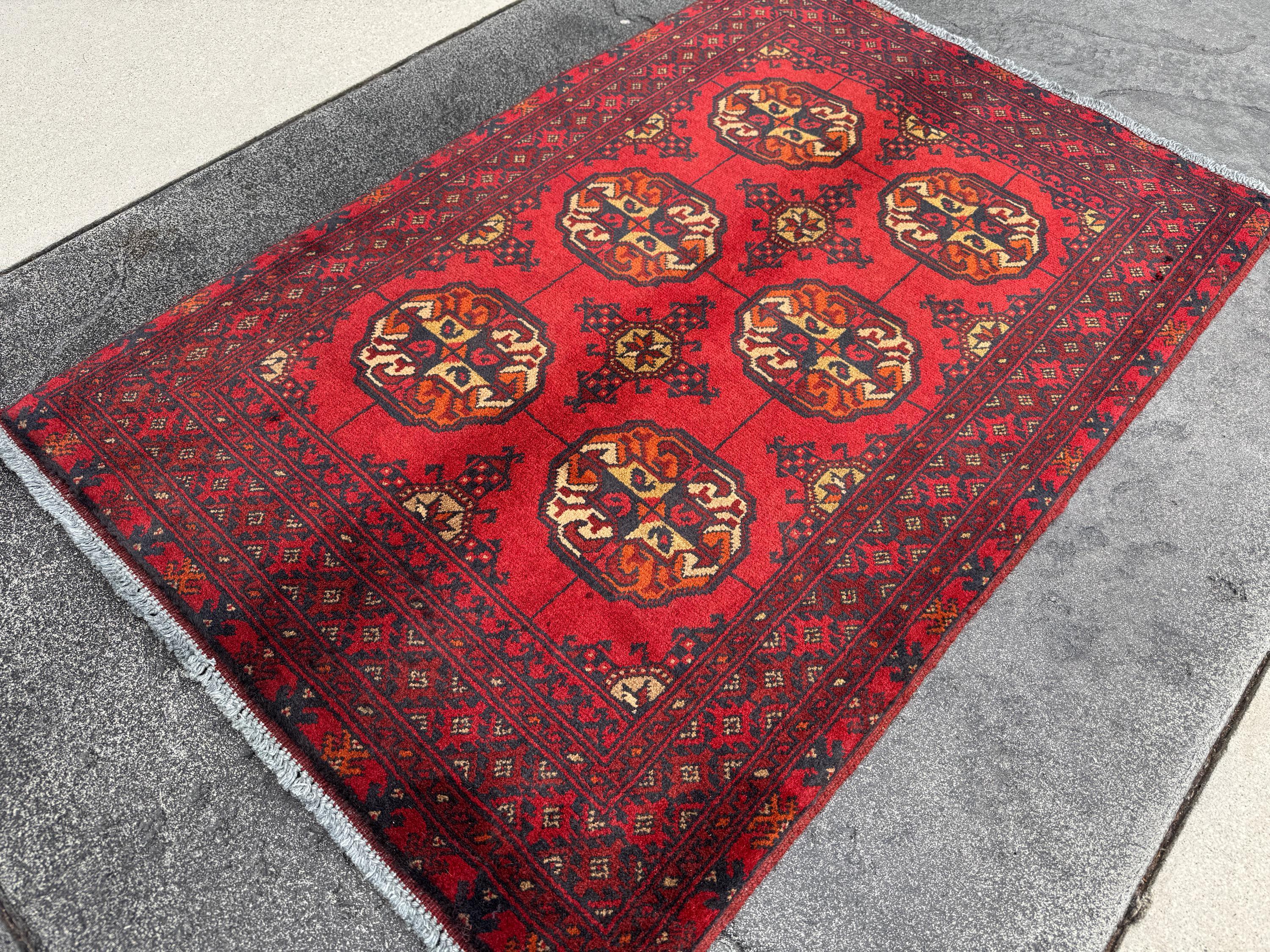 3x4 (91x121) Handmade Vintage Afghan Rug | Crimson Brick Auburn Red Cream Orange Yellow Black | Wool Turkmen Gul Geometric