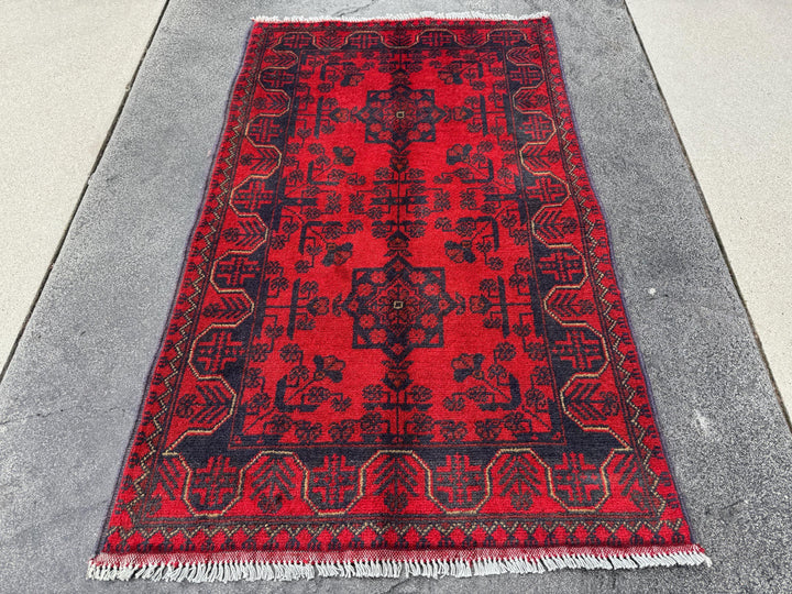 3x4 (91x121) Handmade Afghan Rug | Crimson Scarlet Blood Red Black Midnight Blue Cream | Wool Khal Mohammadi Traditional