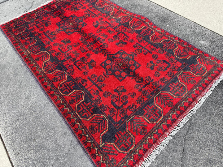 3x4 (91x121) Handmade Afghan Rug | Crimson Scarlet Blood Red Black Midnight Blue Cream | Wool Khal Mohammadi Traditional