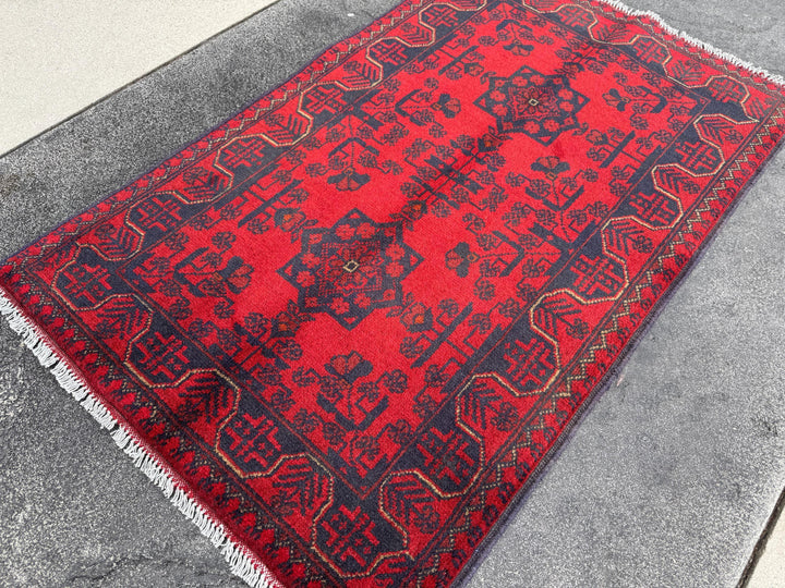 3x4 (91x121) Handmade Afghan Rug | Crimson Scarlet Blood Red Black Midnight Blue Cream | Wool Khal Mohammadi Traditional