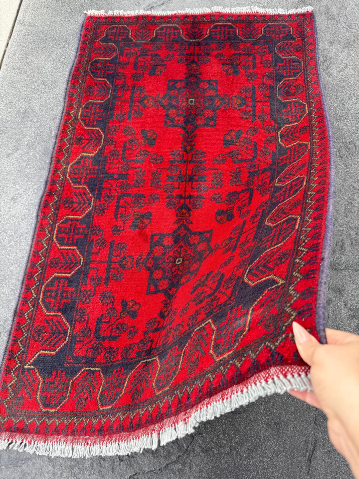 3x4 (91x121) Handmade Afghan Rug | Crimson Scarlet Blood Red Black Midnight Blue Cream | Wool Khal Mohammadi Traditional