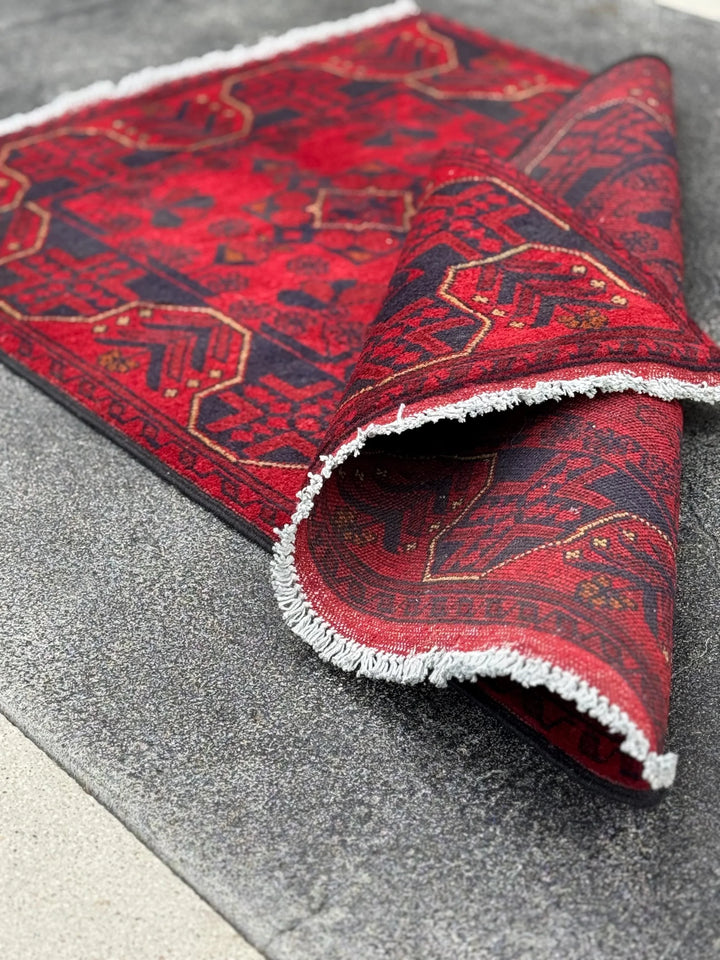 3x4 (91x121) Handmade Afghan Rug | Scarlet Crimson Blood Red Midnight Blue Black Cream Cornsilk Yellow Orange | Wool Khal Mohammadi