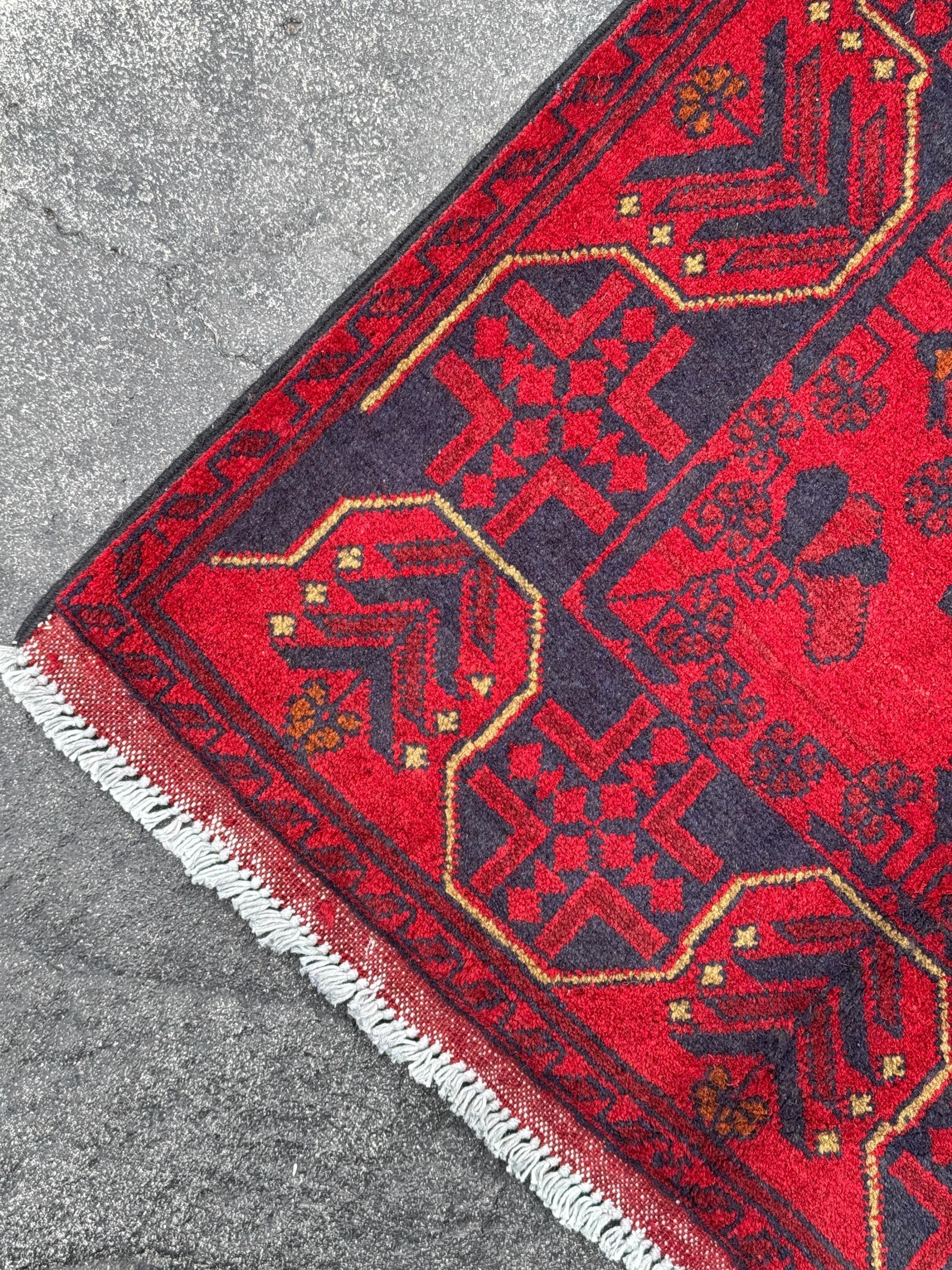 3x4 (91x121) Handmade Afghan Rug | Scarlet Crimson Blood Red Midnight Blue Black Cream Cornsilk Yellow Orange | Wool Khal Mohammadi