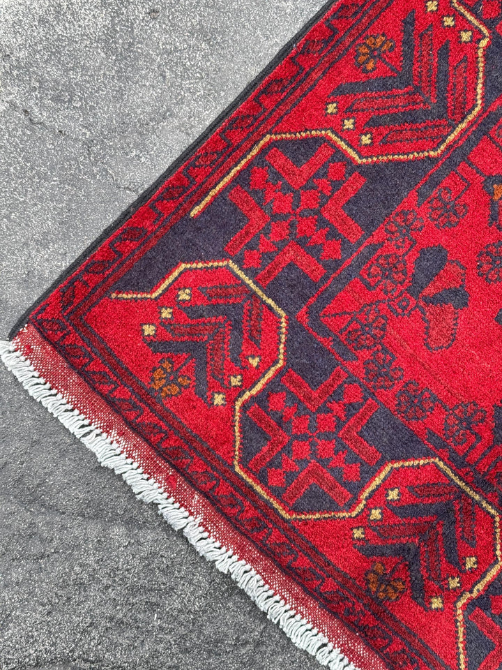 3x4 (91x121) Handmade Afghan Rug | Scarlet Crimson Blood Red Midnight Blue Black Cream Cornsilk Yellow Orange | Wool Khal Mohammadi