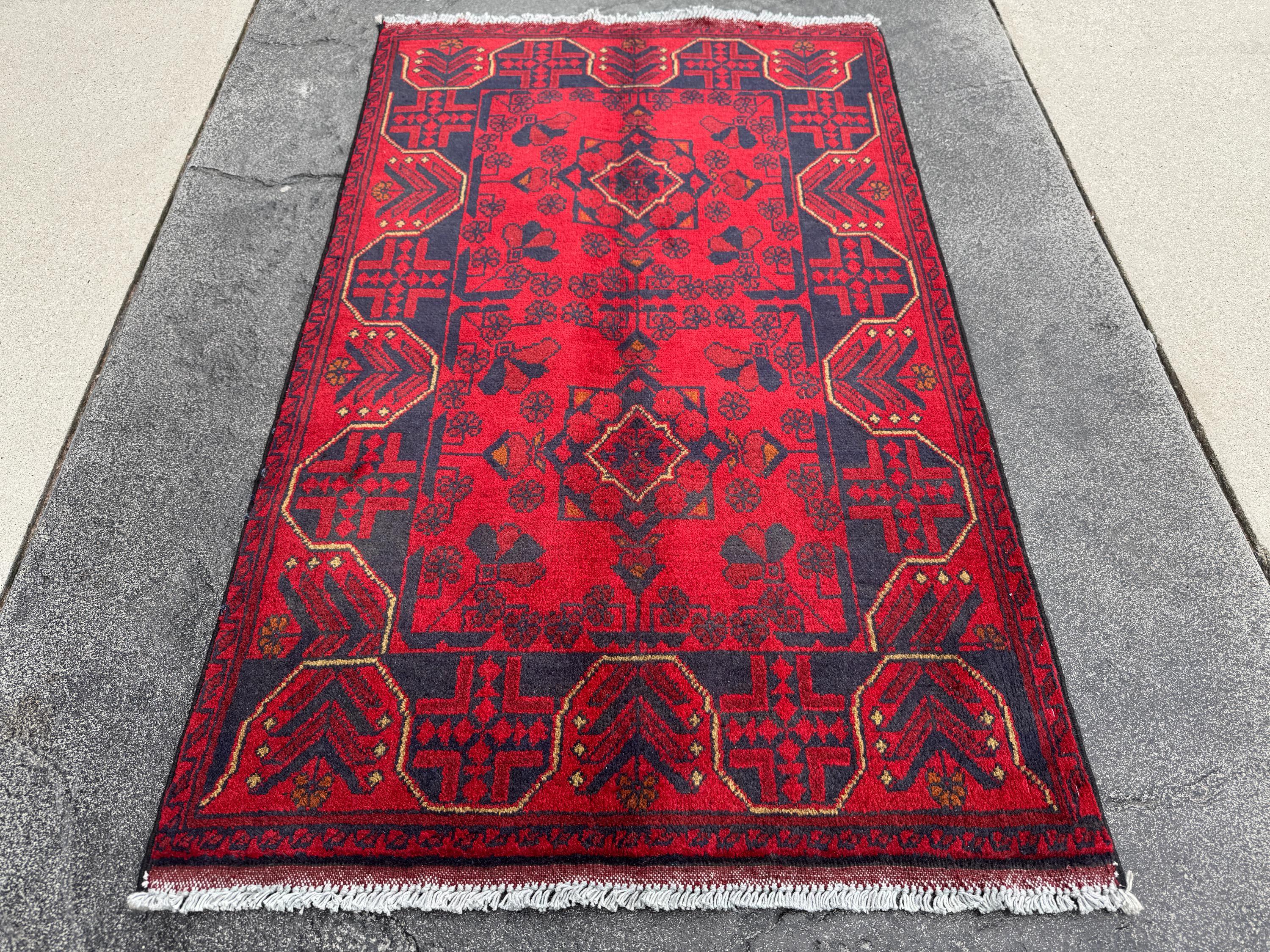 3x4 (91x121) Handmade Afghan Rug | Scarlet Crimson Blood Red Midnight Blue Black Cream Cornsilk Yellow Orange | Wool Khal Mohammadi