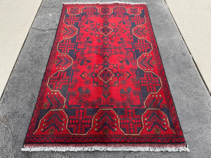 3x4 (91x121) Handmade Afghan Rug | Scarlet Crimson Blood Red Midnight Blue Black Cream Cornsilk Yellow Orange | Wool Khal Mohammadi