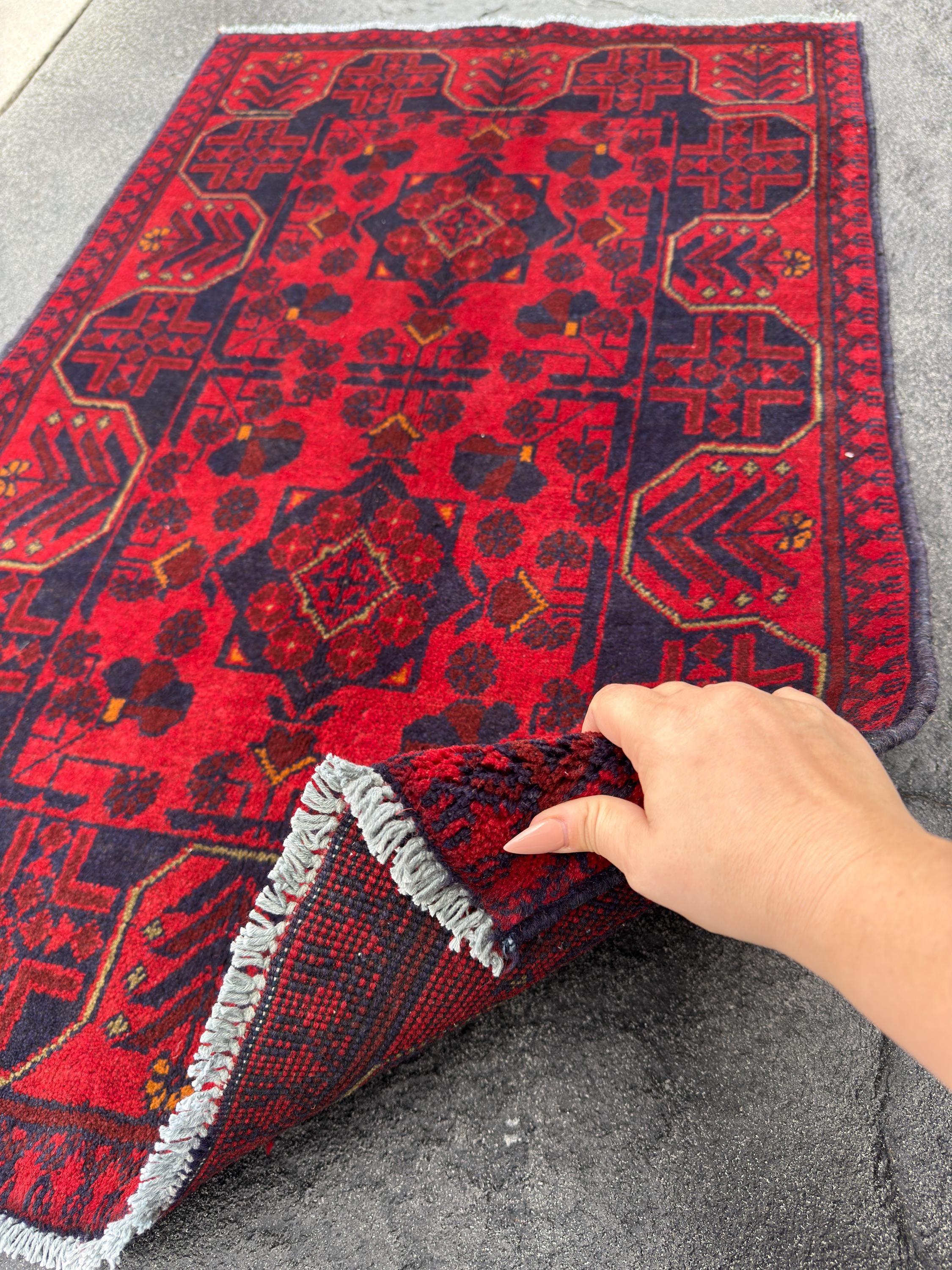 3x4 (91x121) Handmade Afghan Rug | Crimson Scarlet Blood Red Midnight Blue Cream Orange | Wool Khal Mohammadi Traditional Floral