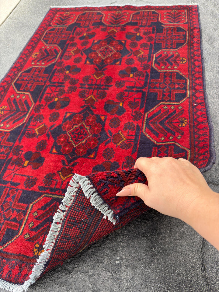3x4 (91x121) Handmade Afghan Rug | Crimson Scarlet Blood Red Midnight Blue Cream Orange | Wool Khal Mohammadi Traditional Floral