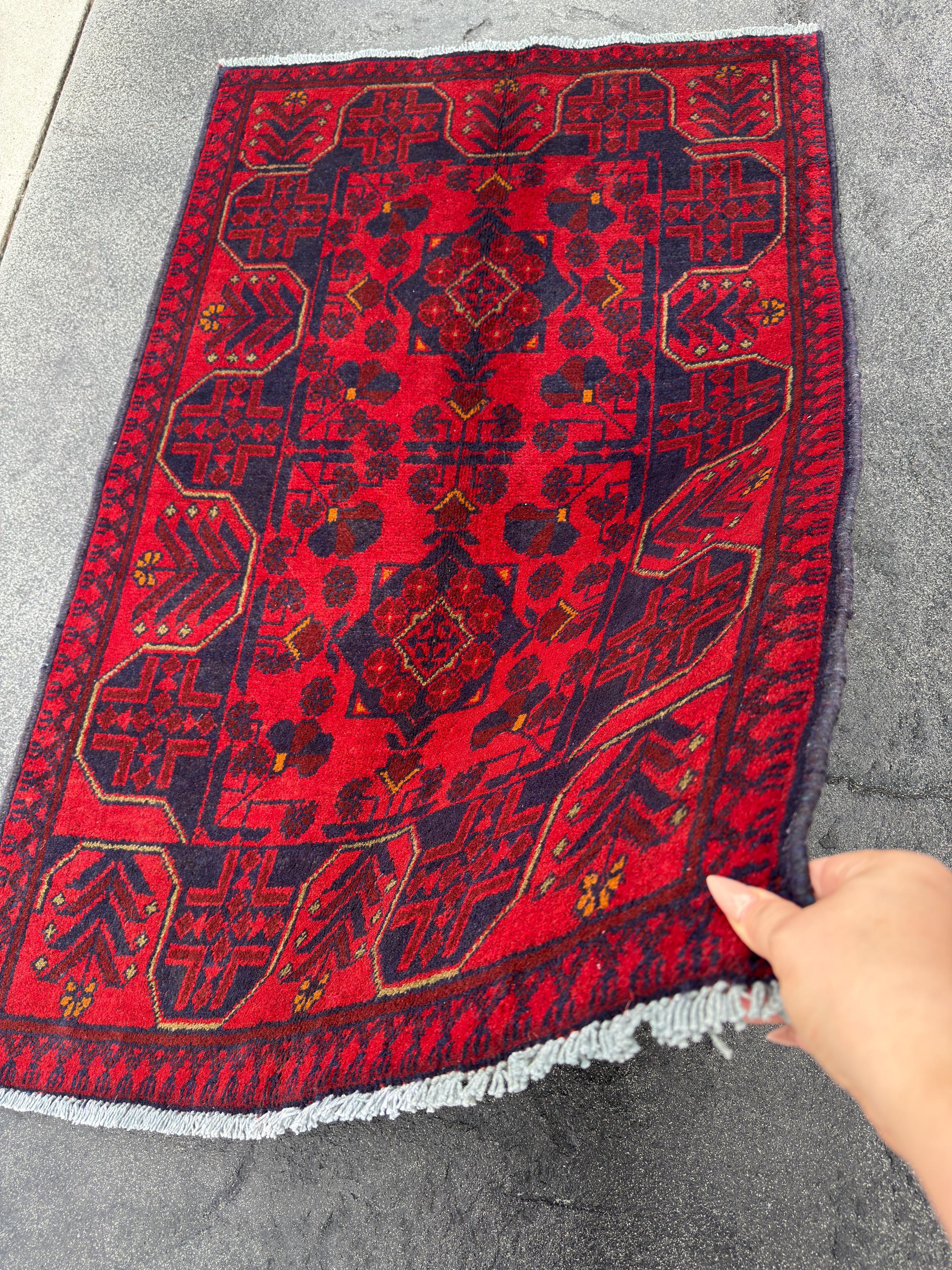 3x4 (91x121) Handmade Afghan Rug | Crimson Scarlet Blood Red Midnight Blue Cream Orange | Wool Khal Mohammadi Traditional Floral