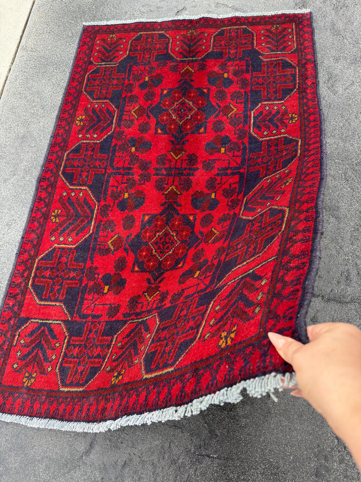 3x4 (91x121) Handmade Afghan Rug | Crimson Scarlet Blood Red Midnight Blue Cream Orange | Wool Khal Mohammadi Traditional Floral