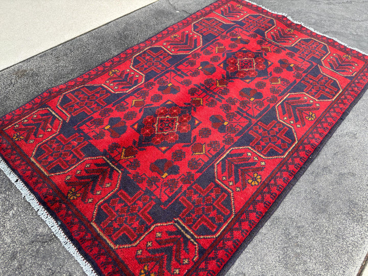 3x4 (91x121) Handmade Afghan Rug | Crimson Scarlet Blood Red Midnight Blue Cream Orange | Wool Khal Mohammadi Traditional Floral