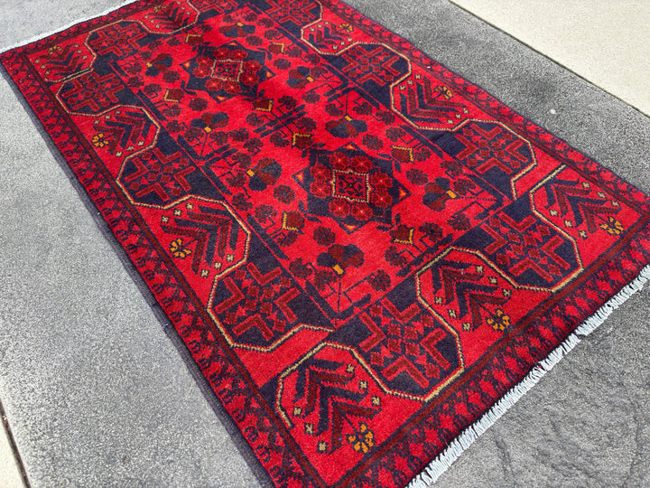 3x4 (91x121) Handmade Afghan Rug | Crimson Scarlet Blood Red Midnight Blue Cream Orange | Wool Khal Mohammadi Traditional Floral