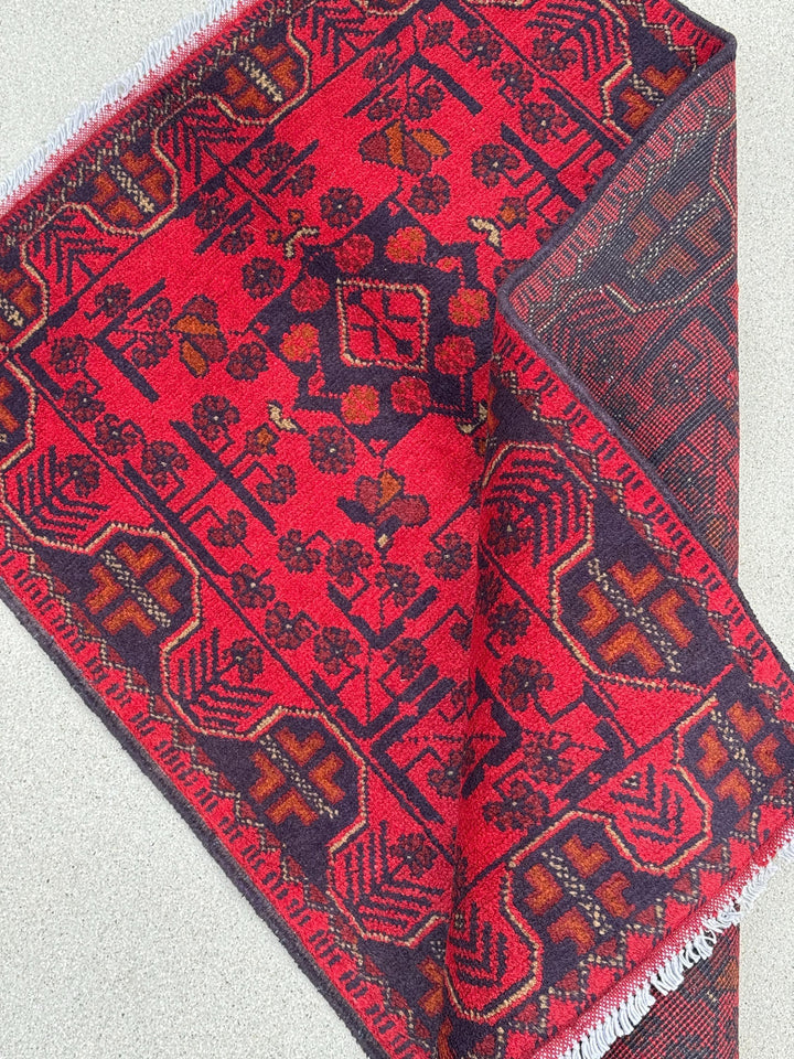 3x4 (91x121) Handmade Afghan Baluch Rug | Crimson Scarlet Blood Red Midnight Blue Orange Cream White | Wool Khal Mohammadi Floral