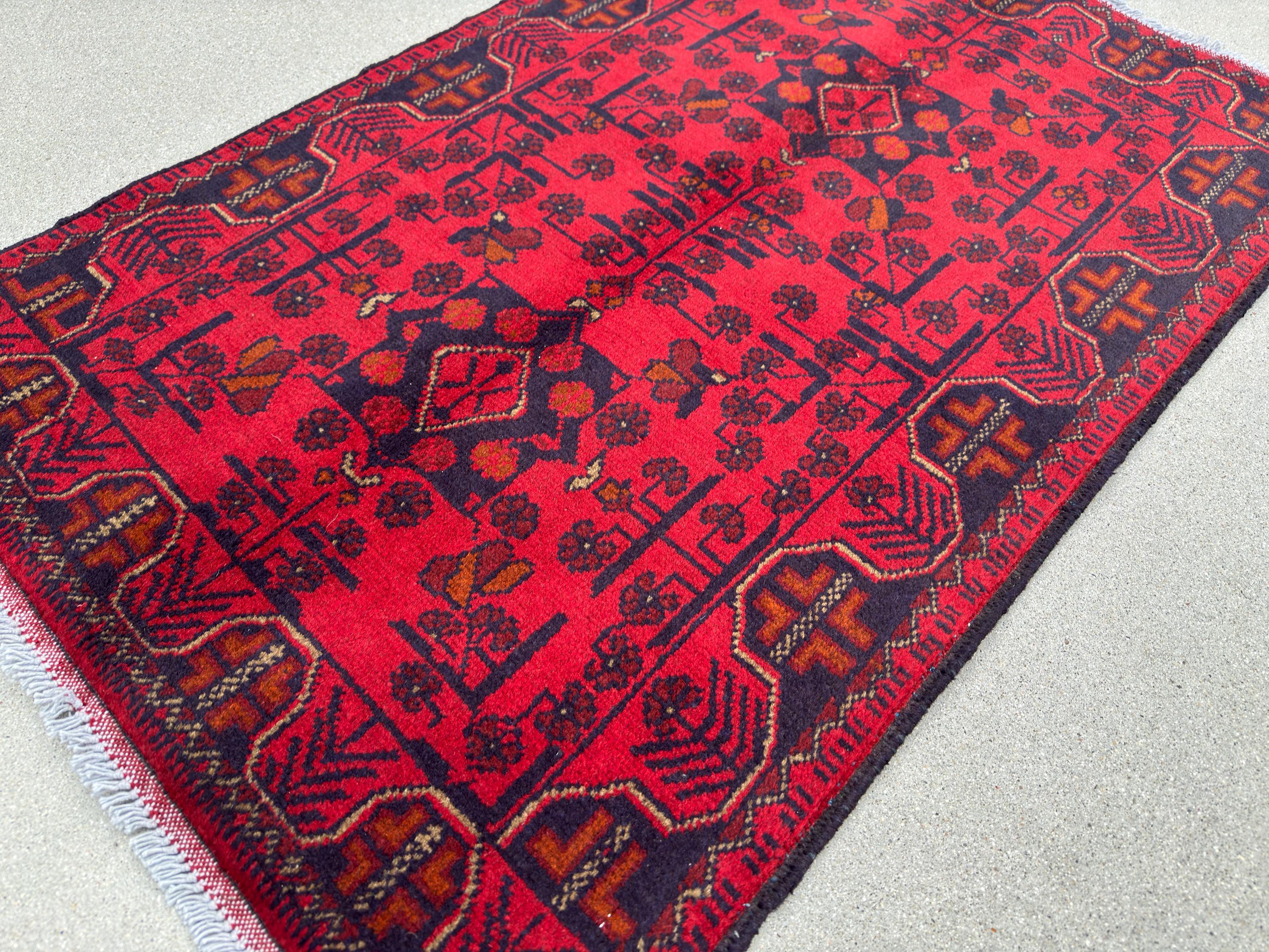 3x4 (91x121) Handmade Afghan Baluch Rug | Crimson Scarlet Blood Red Midnight Blue Orange Cream White | Wool Khal Mohammadi Floral