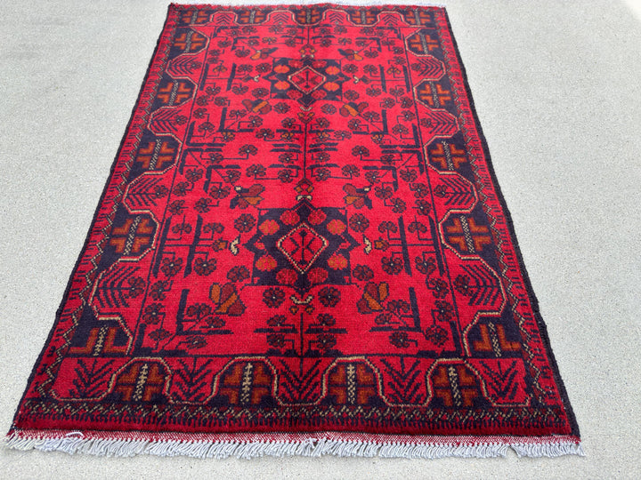3x4 (91x121) Handmade Afghan Baluch Rug | Crimson Scarlet Blood Red Midnight Blue Orange Cream White | Wool Khal Mohammadi Floral