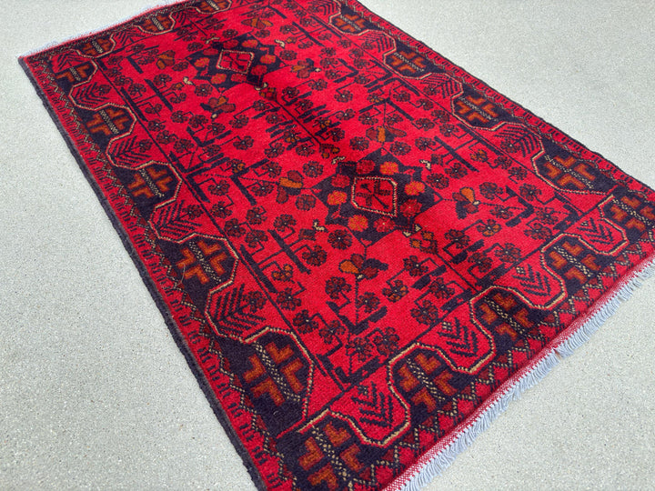 3x4 (91x121) Handmade Afghan Baluch Rug | Crimson Scarlet Blood Red Midnight Blue Orange Cream White | Wool Khal Mohammadi Floral