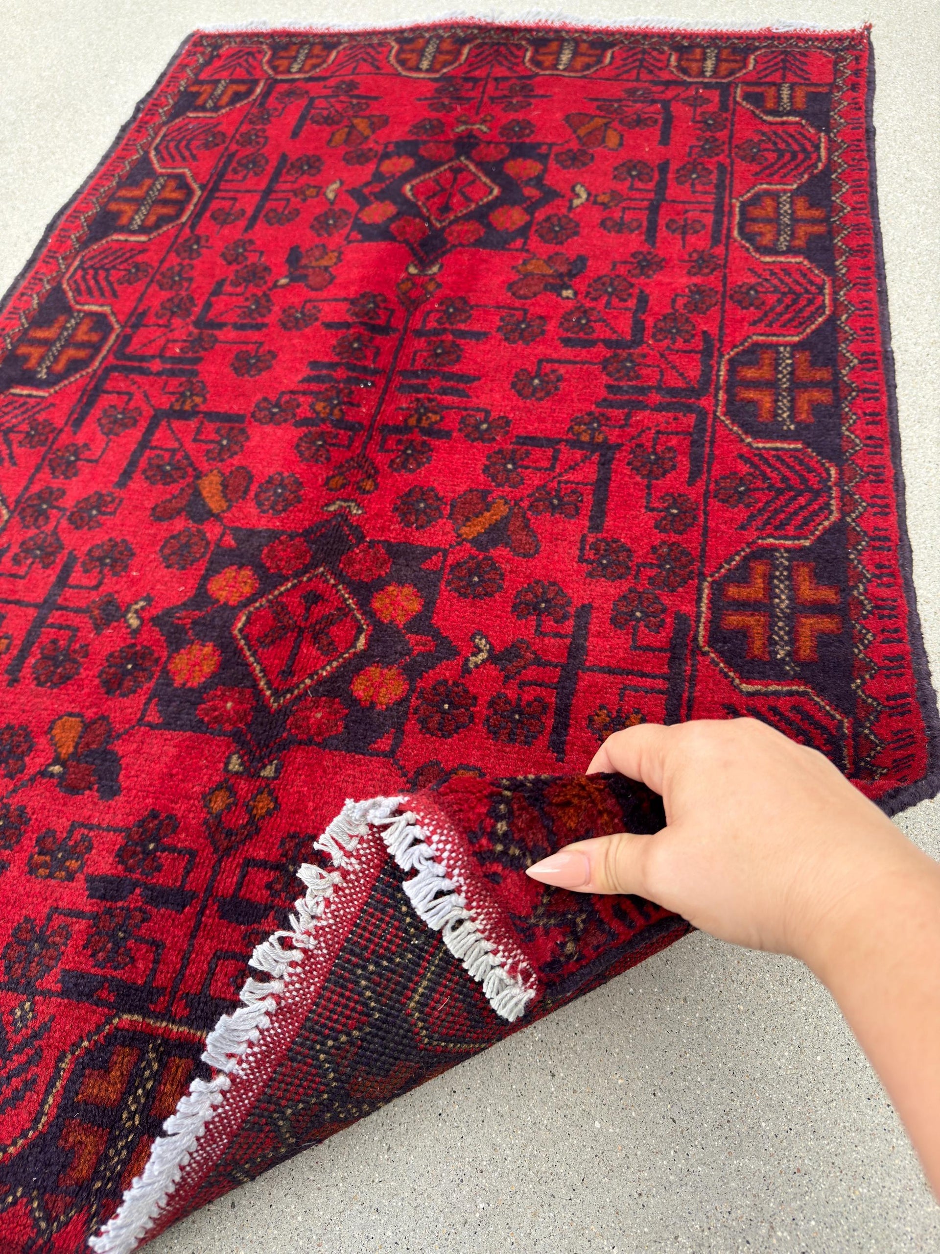 3x4 (91x121) Handmade Afghan Baluch Rug | Crimson Scarlet Blood Red Midnight Blue Orange Cream White | Wool Khal Mohammadi Floral