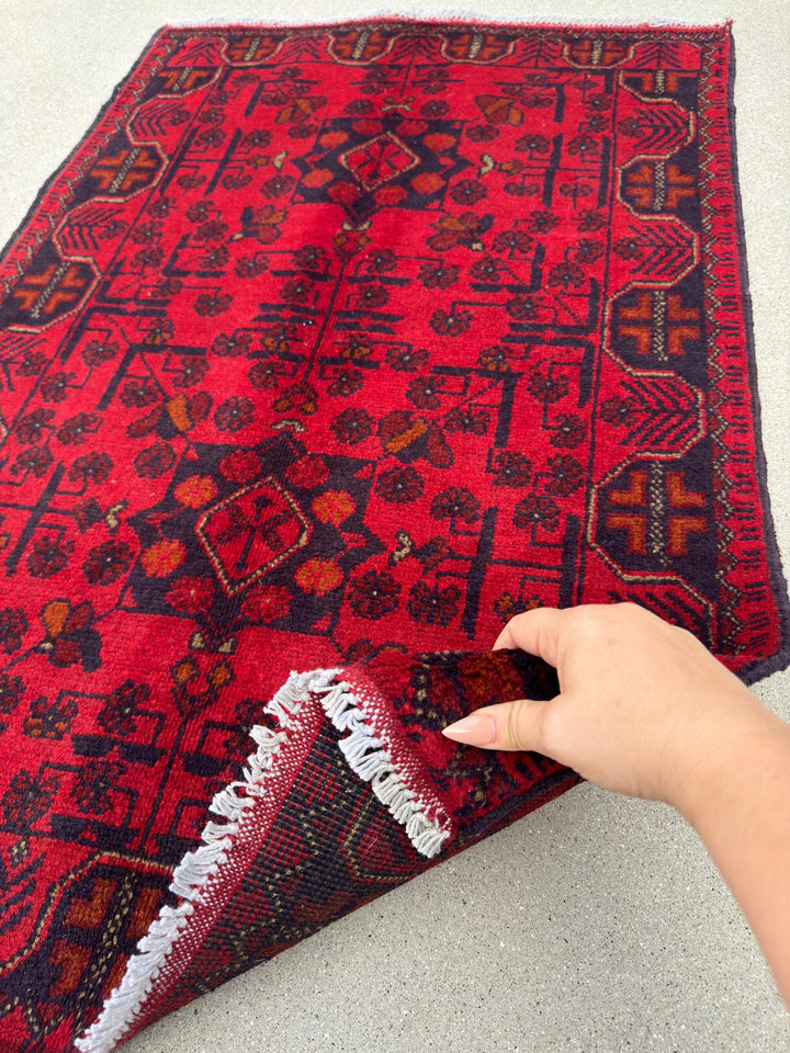 3x4 (91x121) Handmade Afghan Baluch Rug | Crimson Scarlet Blood Red Midnight Blue Orange Cream White | Wool Khal Mohammadi Floral