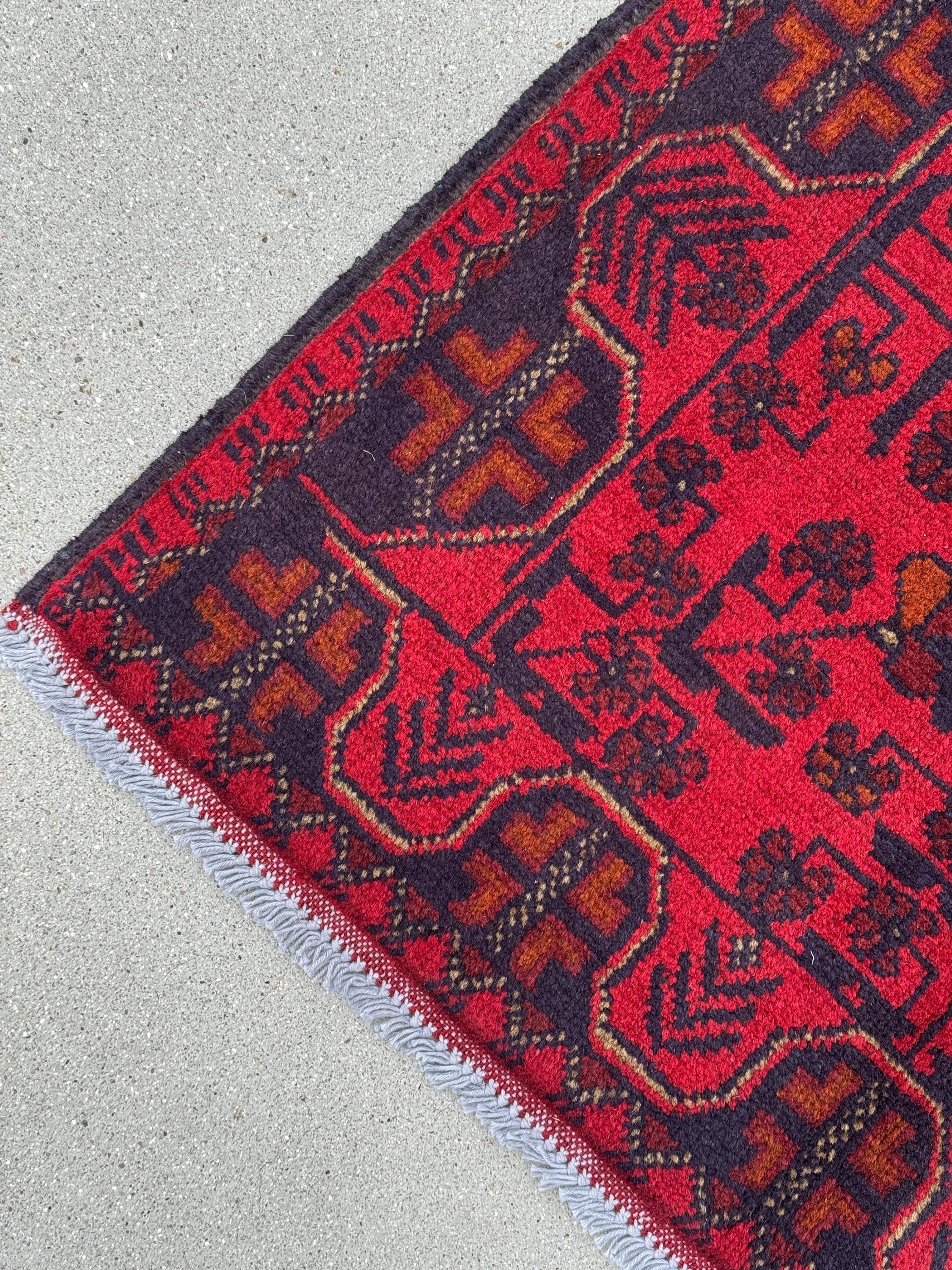 3x4 (91x121) Handmade Afghan Baluch Rug | Crimson Scarlet Blood Red Midnight Blue Orange Cream White | Wool Khal Mohammadi Floral